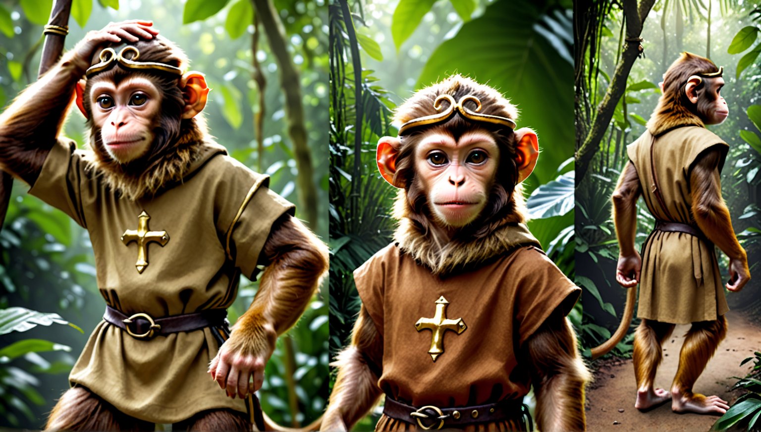 A brown juvenile male monkey dressed in very simple style medieval tunic, in a realistic furry style, 
photorealistic,  
jungle scene,wearing a tight headhoop on head ,