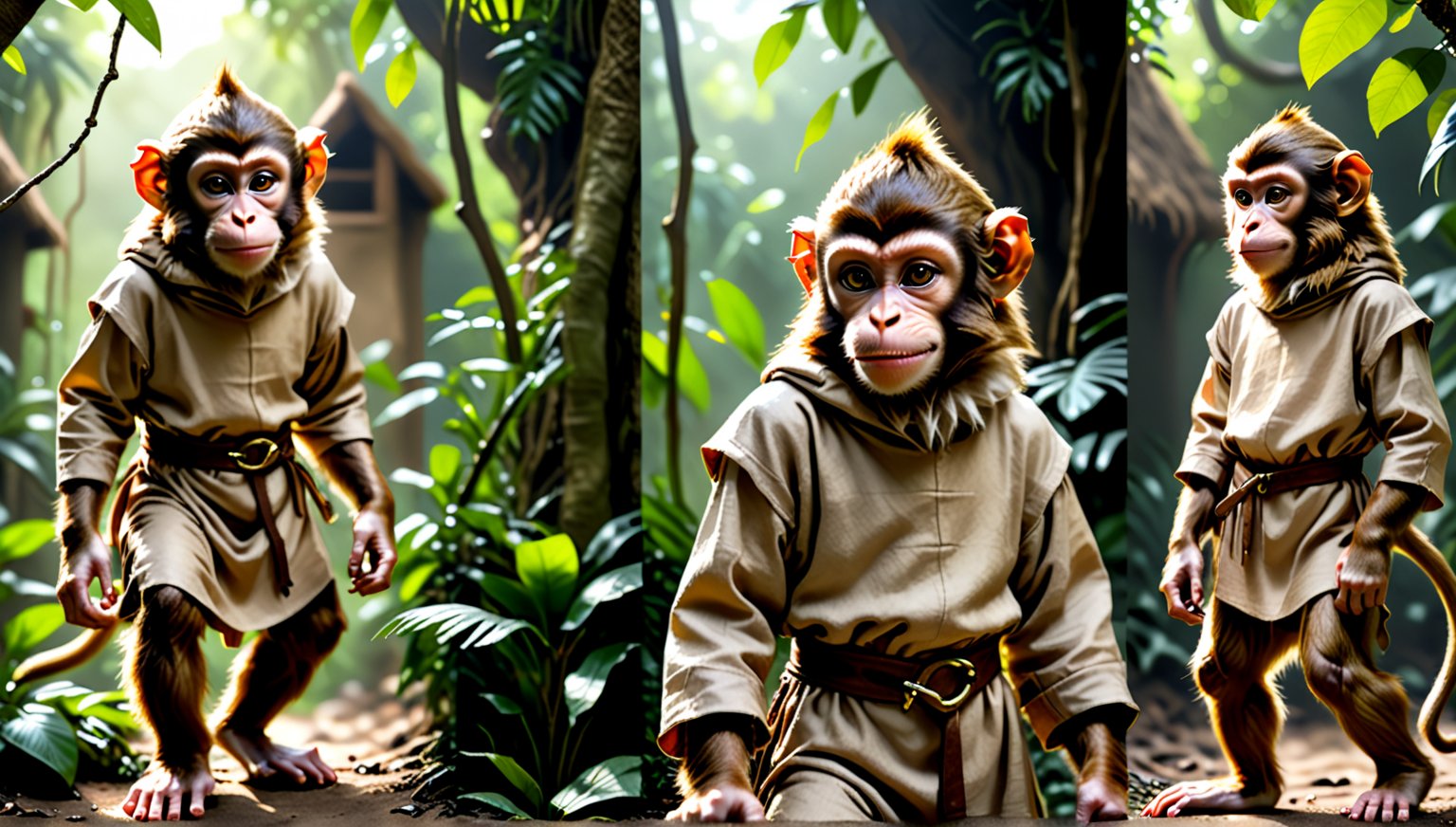 A brown juvenile male monkey dressed in very simple style plain cloth medieval tunic, in a realistic furry style, 
looked naughty, photorealistic,  
jungle scene,