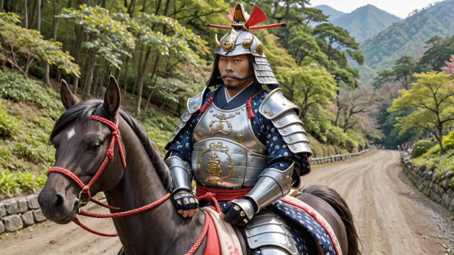 closeup,photo,  a bonobo samurai, in full armor, is riding a horse, feudal japan background