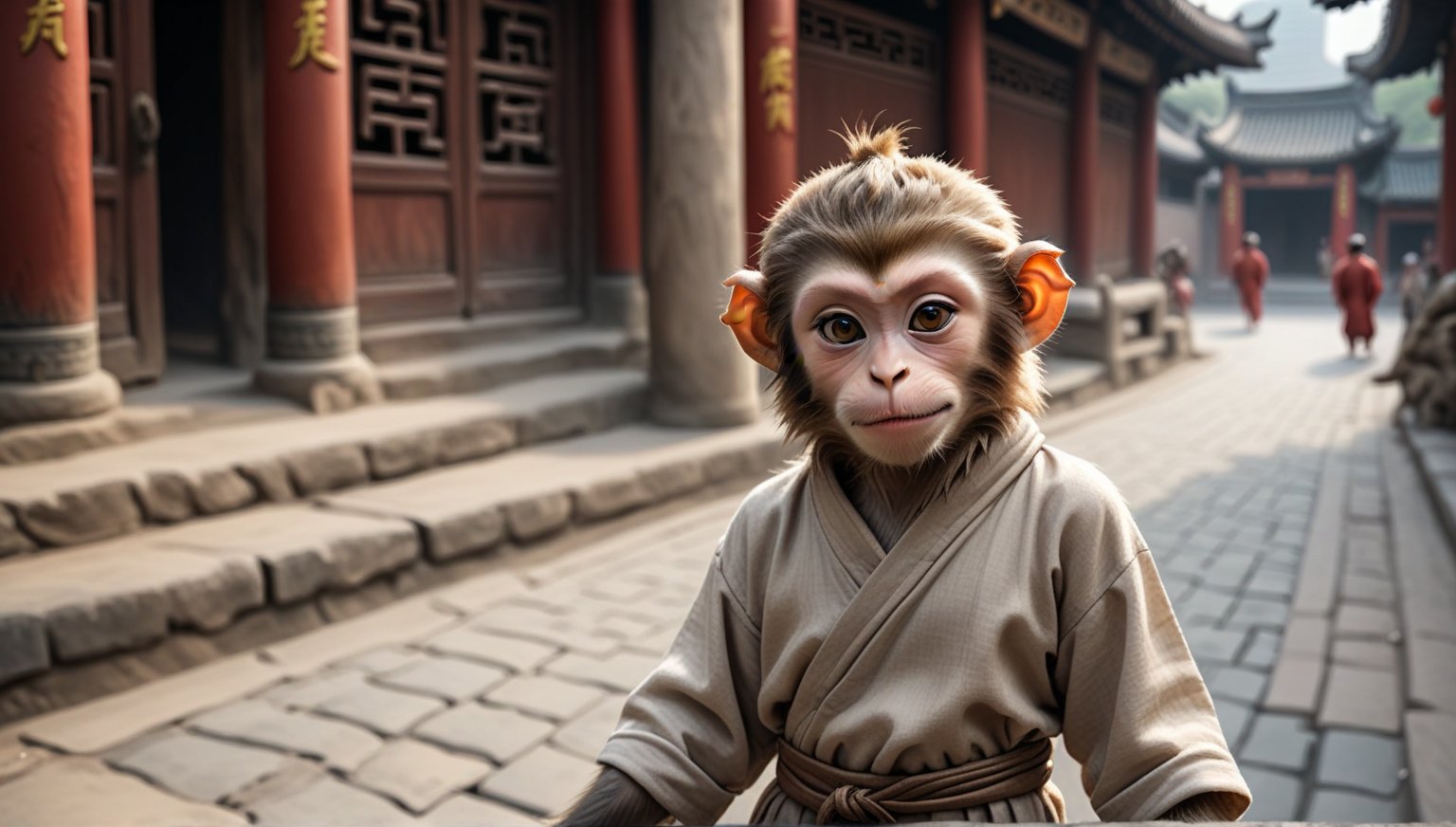 A juvenile male monkey dressed in very simple style plain cloth tunic, in a realistic furry style, 
happy, detailed eyes, photorealistic,  
Scene on the streets of ancient China,