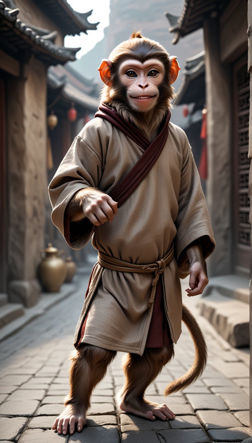 A brown juvenile male monkey dressed in very simple style plain cloth medieval tunic, in a realistic furry style, 
happy, photorealistic,  
Scene on the streets of ancient China,