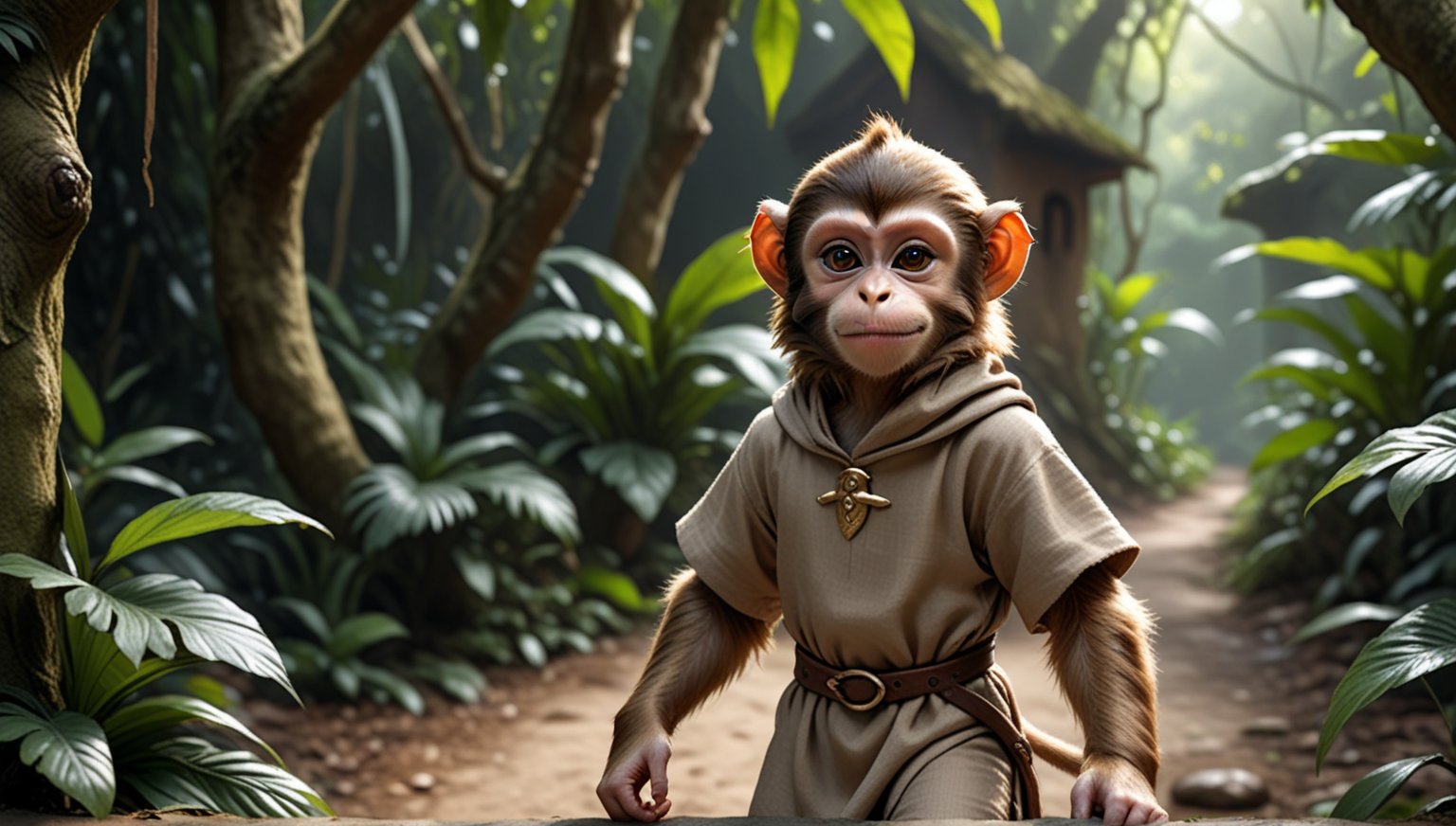 A brown juvenile male monkey dressed in very simple style plain cloth medieval tunic, in a realistic furry style, 
happy, photorealistic,  
jungle scene,