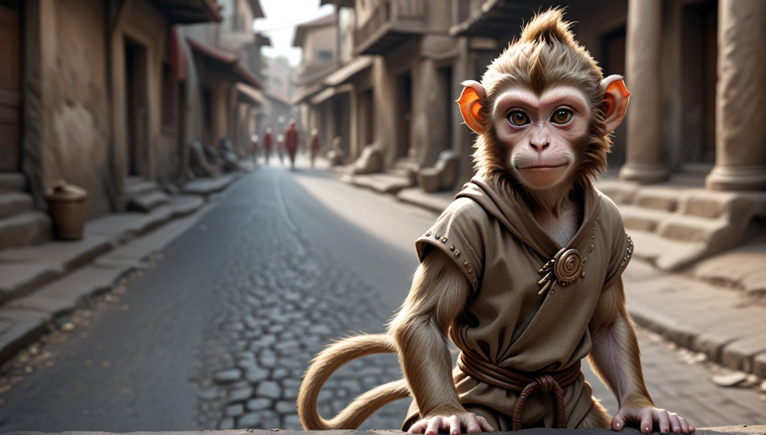 A juvenile male monkey dressed in very simple style plain cloth tunic, in a realistic furry style, 
happy, detailed eyes, photorealistic,  and it has a mohawk-like texture on its head.
Scene on the streets of ancient times,