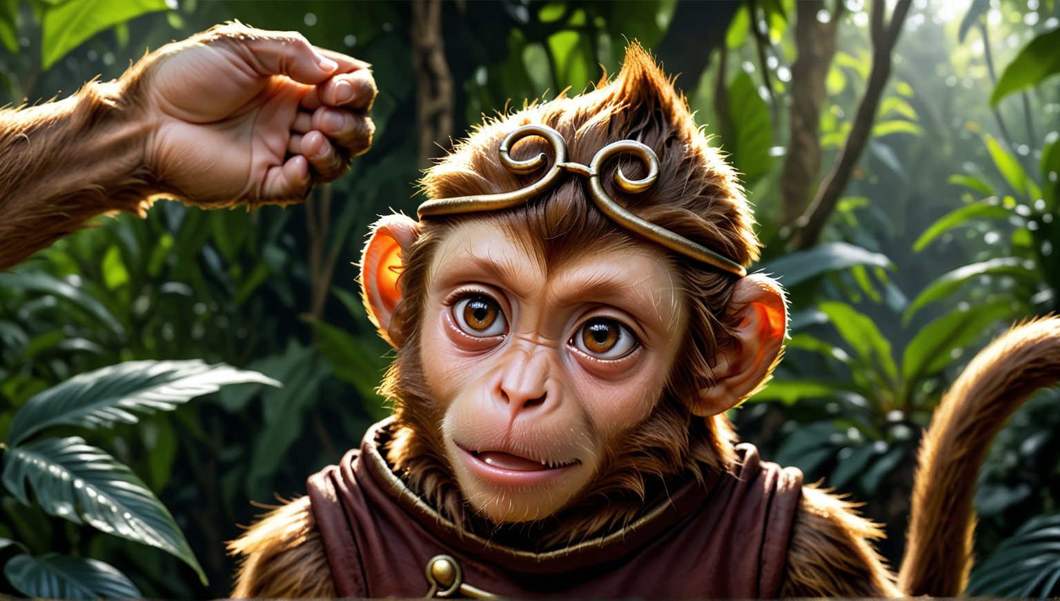 A brown juvenile male monkey dressed in very simple style medieval tunic, in a realistic furry style, 
photorealistic,  
Naughty expression,  
jungle scene,wearing a tight headhoop on head ,