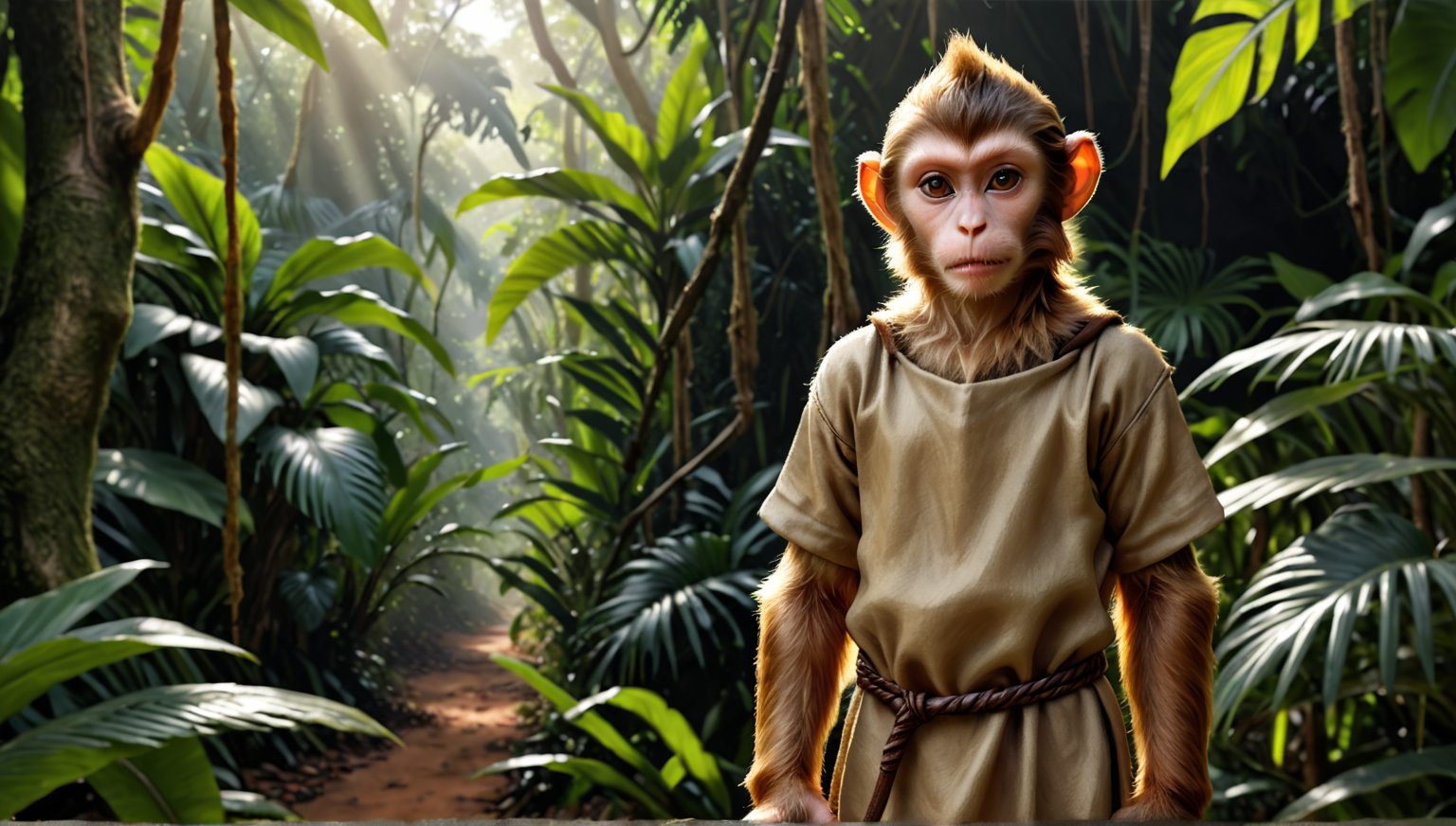 A brown juvenile male monkey dressed in very simple style plain cloth medieval tunic, in a realistic furry style, 
photorealistic,  
jungle scene,