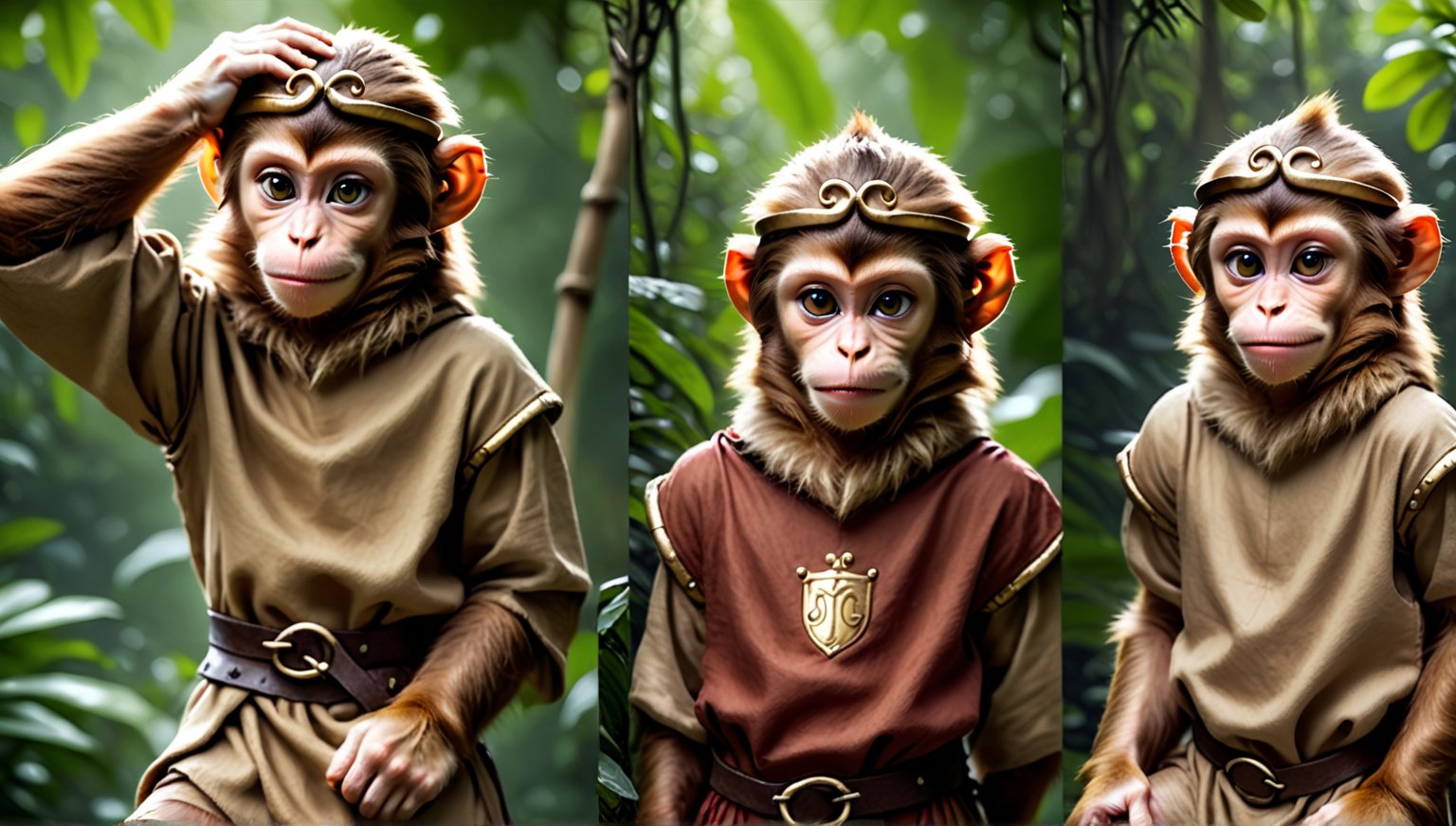 A brown juvenile male monkey dressed in very simple style medieval tunic, in a realistic furry style, 
photorealistic,  
Naughty expression,  
jungle scene,wearing a tight headhoop on head ,