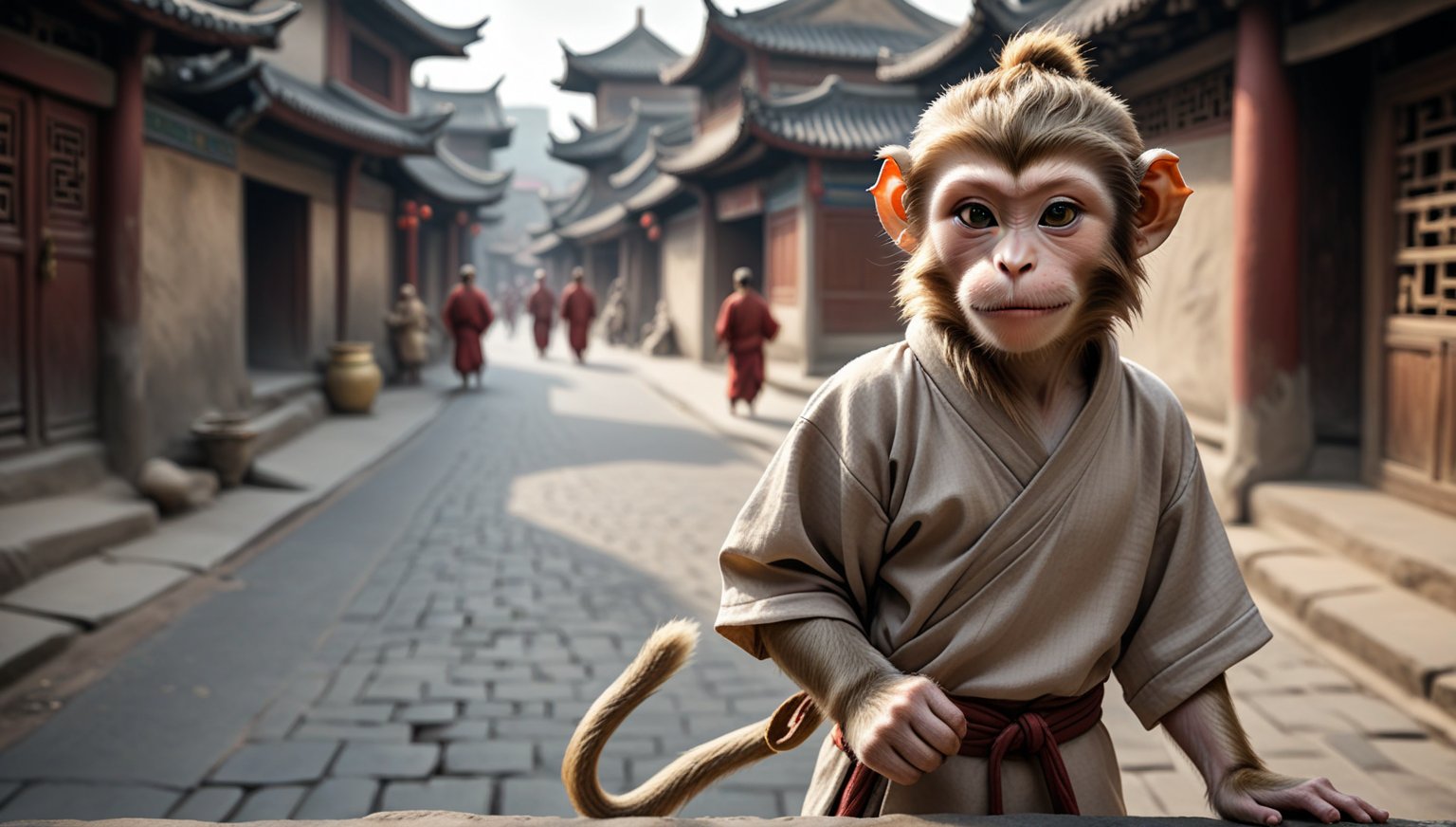 A juvenile male monkey dressed in very simple style plain cloth tunic, in a realistic furry style, 
happy, photorealistic,  
Scene on the streets of ancient China,