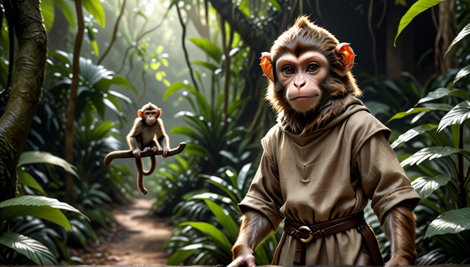 A brown juvenile male monkey dressed in very simple style plain cloth medieval tunic, in a realistic furry style, 
photorealistic,  
jungle scene,