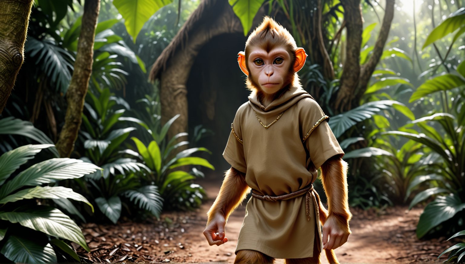 A brown juvenile male monkey dressed in very simple style plain cloth medieval tunic, in a realistic furry style, 
photorealistic,  
jungle scene,