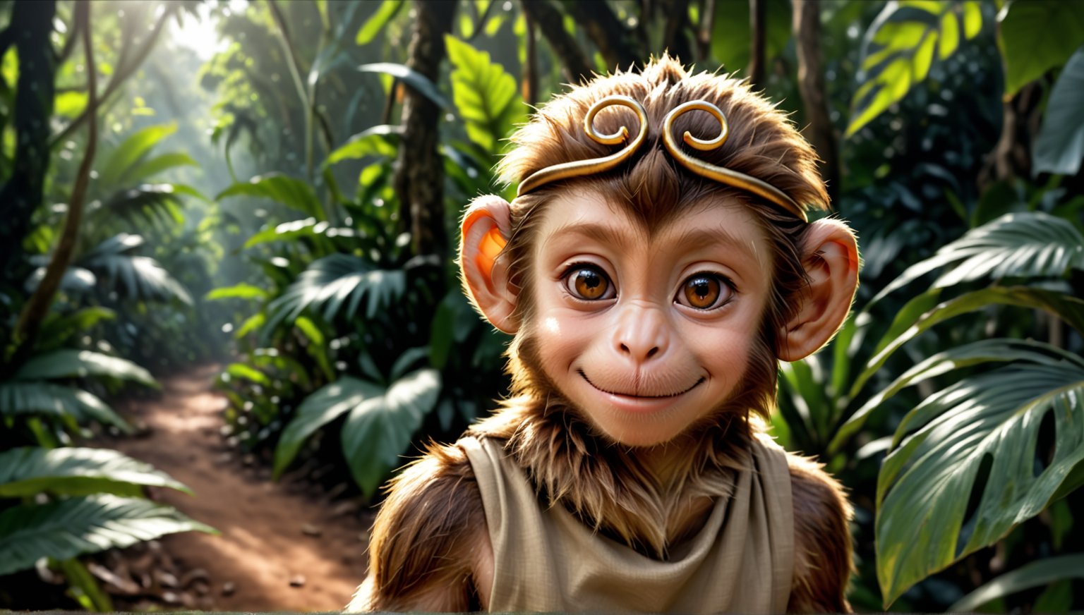 A brown juvenile male monkey dressed in very simple style plain cloth tunic, in a realistic furry style, 
happy face, photorealistic,  
jungle scene,wearing a tight headhoop on head ,