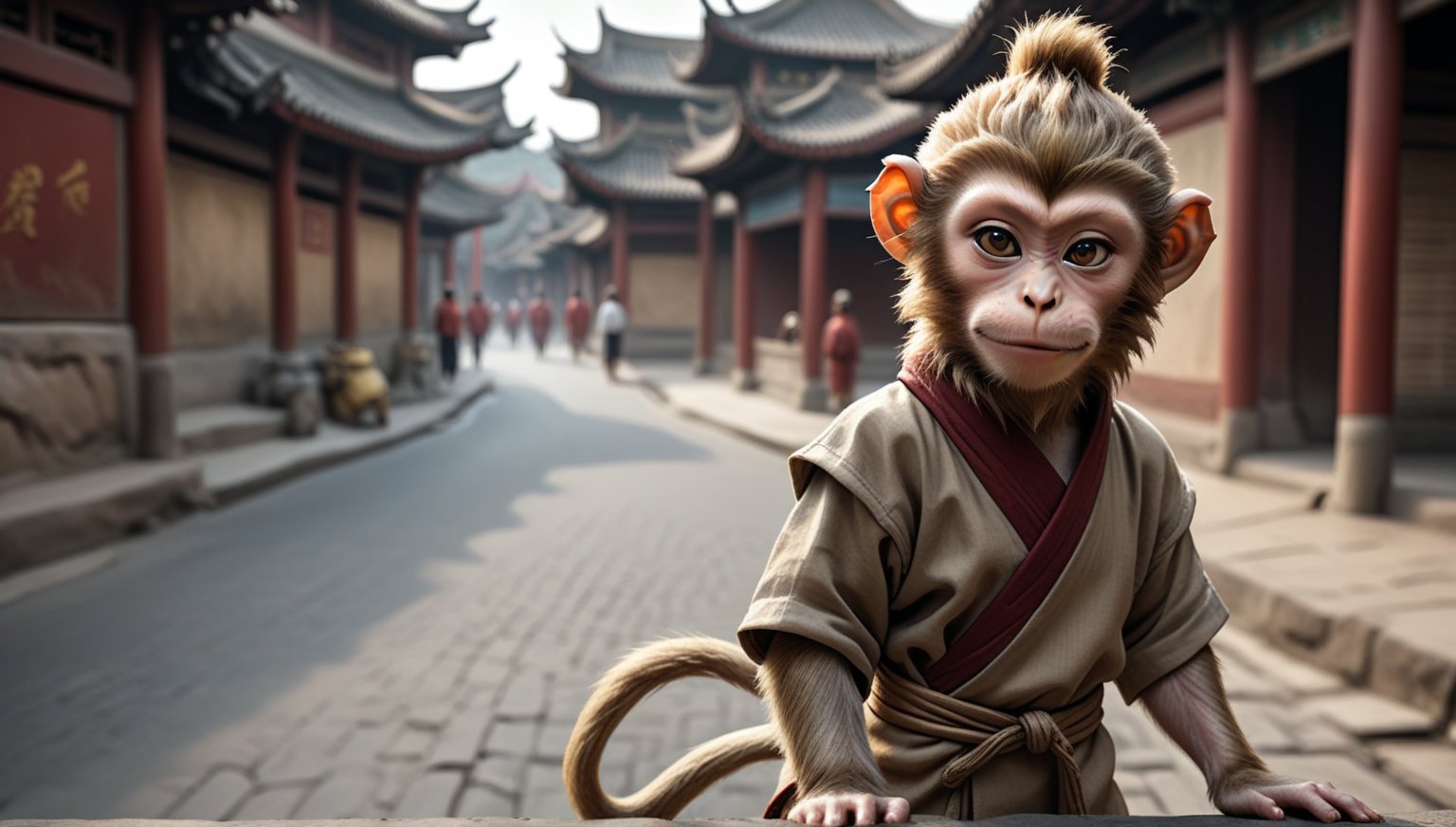 A juvenile male monkey dressed in very simple style plain cloth tunic, in a realistic furry style, 
happy, detailed eyes, photorealistic,  and it has a mohawk-like texture on its head.
Scene on the streets of ancient China,