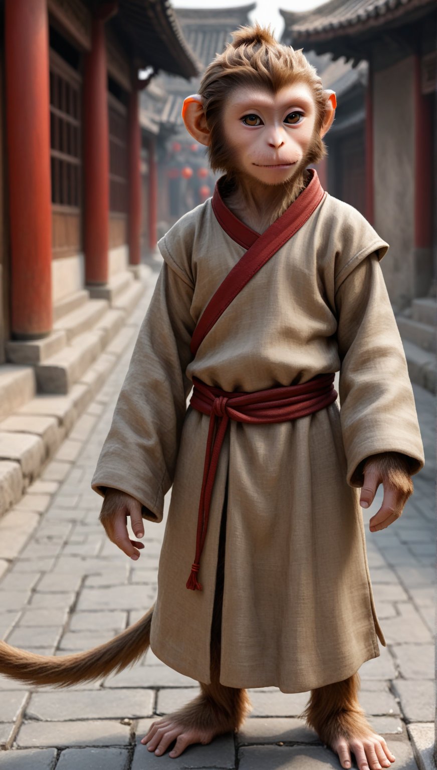 A brown juvenile male monkey dressed in very simple style plain cloth medieval tunic, in a realistic furry style, 
happy, photorealistic,  
Scene on the streets of ancient China,