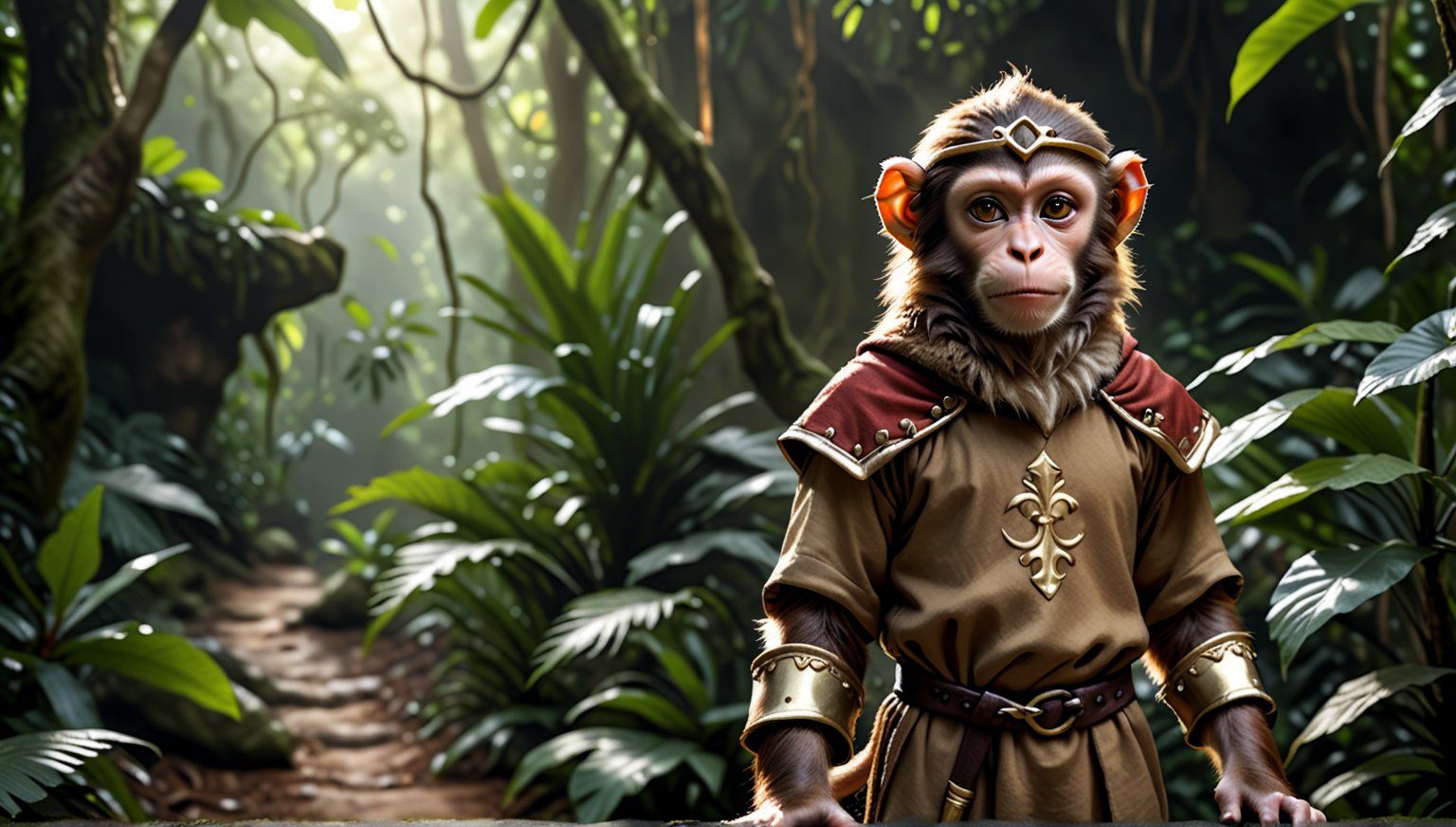 A brown juvenile male monkey dressed in very simple style medieval tunic, in a realistic furry style, 
photorealistic,  
jungle scene,wearing a tight headhoop on head ,