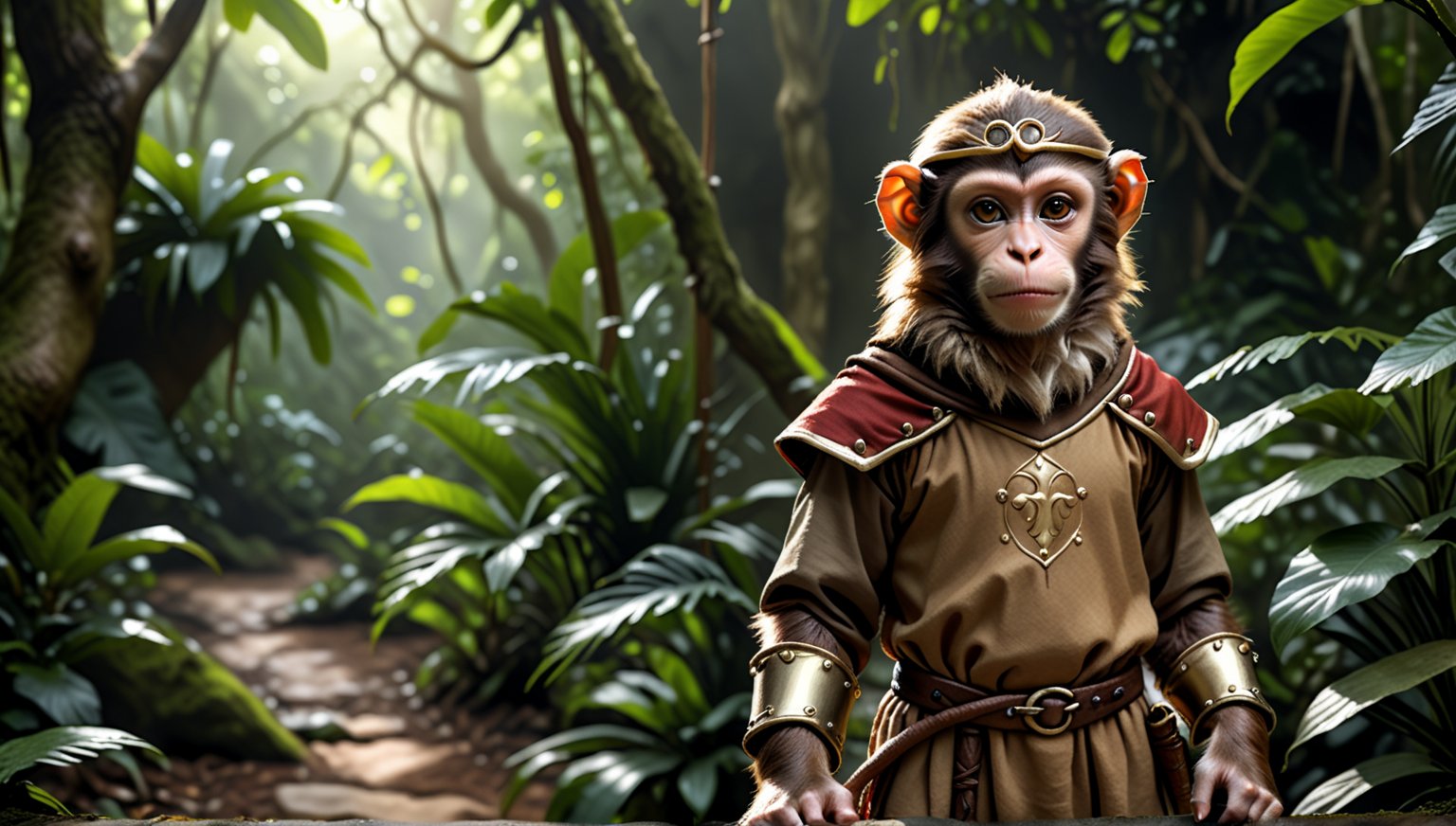 A brown juvenile male monkey dressed in very simple style medieval tunic, in a realistic furry style, 
photorealistic,  
jungle scene,wearing a tight headhoop on head ,