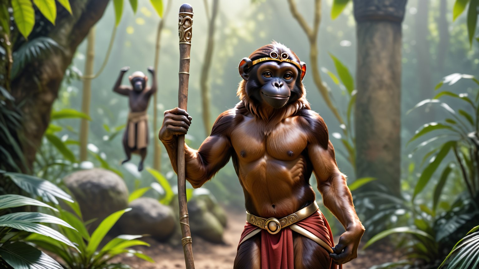 Epic full body photo insane details, 
A little thin brown bonobo anthro with brown eyes in a realistic furry style, with a handsome, happy smile, dressed in very simple style medieval tunic, wearing a tight headhoop on head ,
holds up a beautifully carved long stick in his right hand. 
His left hand is tucked out of sight in his pocket. 
In the background an out-of-focus jungle scene, detailed eyes, fantasy style, smirking, full_body.
anthro,wearing a tight headhoop on head