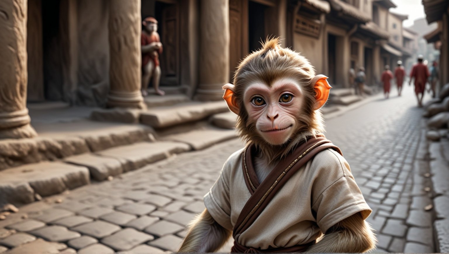 A juvenile male monkey dressed in very simple style plain cloth tunic, in a realistic furry style, 
happy, detailed eyes, photorealistic,  
Scene on the streets of ancient times.