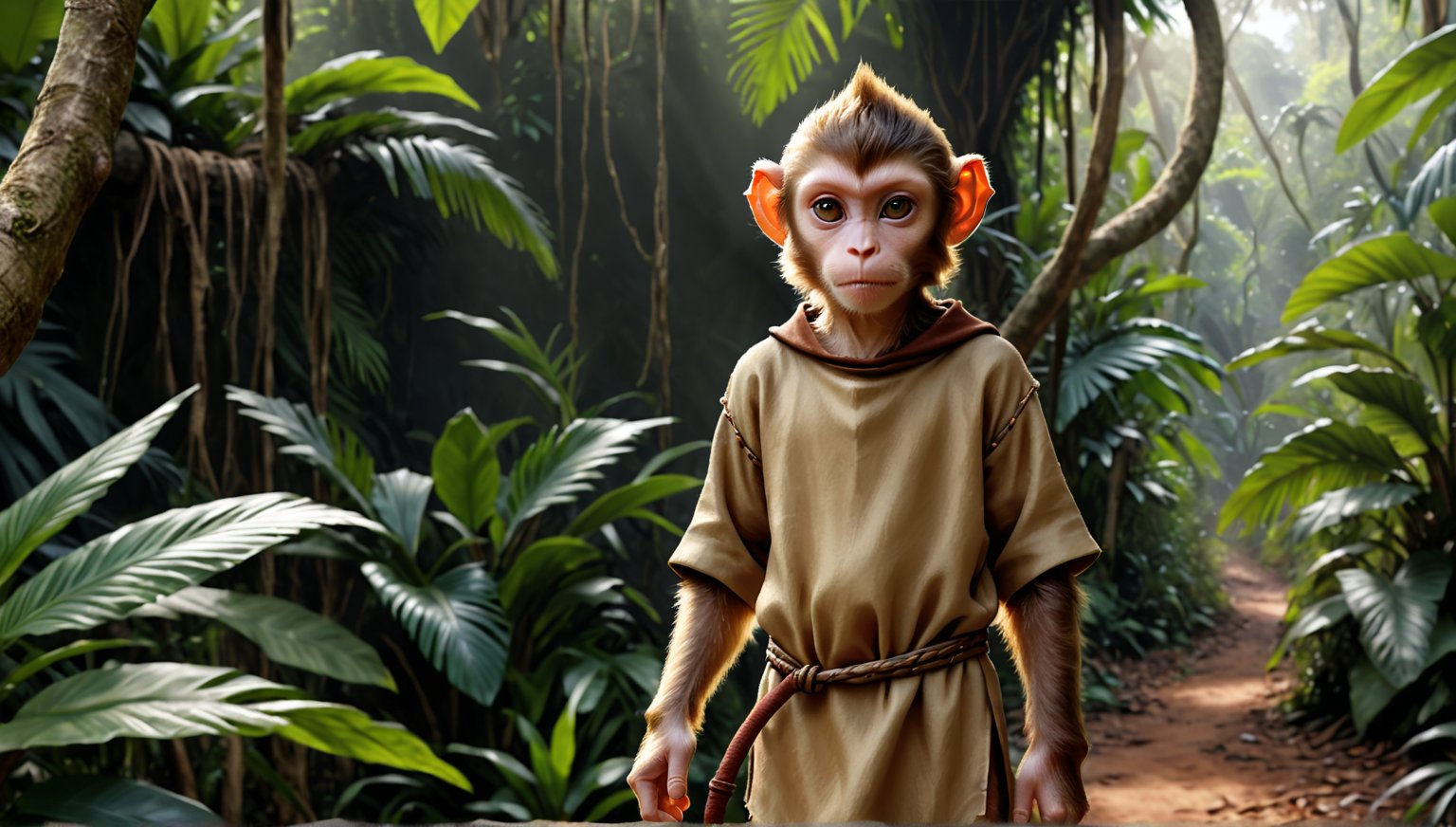 A brown juvenile male monkey dressed in very simple style plain cloth medieval tunic, in a realistic furry style, 
photorealistic,  
jungle scene,