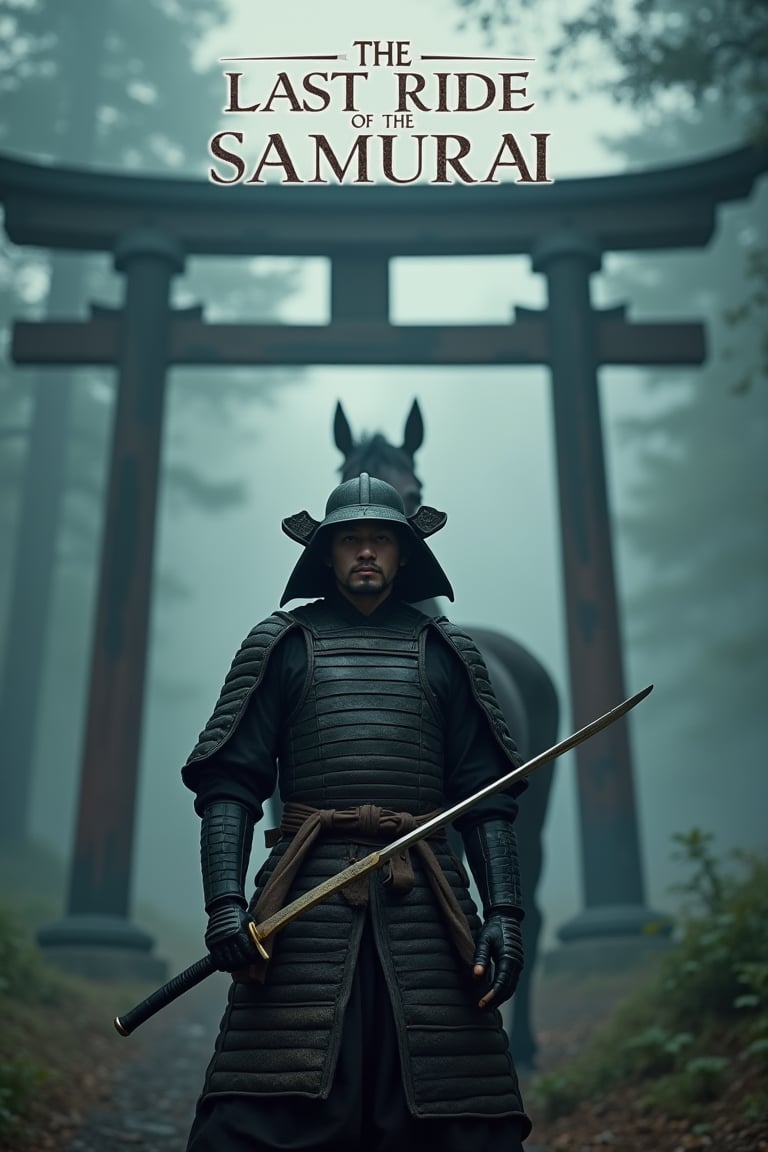 cinematic film still "A powerful samurai warrior, dressed in traditional, battle-worn armor, stands in front of his black horse, both of them framed by a towering Torii gate in a misty forest. The samurai holds his copper-hued katana, which is slightly raised as he prepares for a journey or battle. His face is serious and focused, with his weathered armor showing signs of past battles. The black horse stands strong and calm behind him, its dark coat gleaming softly in the mist. Above the scene, the title text 'THE LAST RIDE OF THE SAMURAI' is written in elegant white, Japanese calligraphy-style font, with a subtle black shadow for contrast. Beneath the title, a small logo of a katana crossed with cherry blossoms is placed. The katana is light gold, and the cherry blossoms are soft pink, adding a delicate touch to the intense, serene atmosphere. The mist swirls around the warrior and horse, adding depth and mystery to the scene." . shallow depth of field, vignette, highly detailed, high budget, bokeh, cinemascope, moody, epic, gorgeous, film grain, grainy