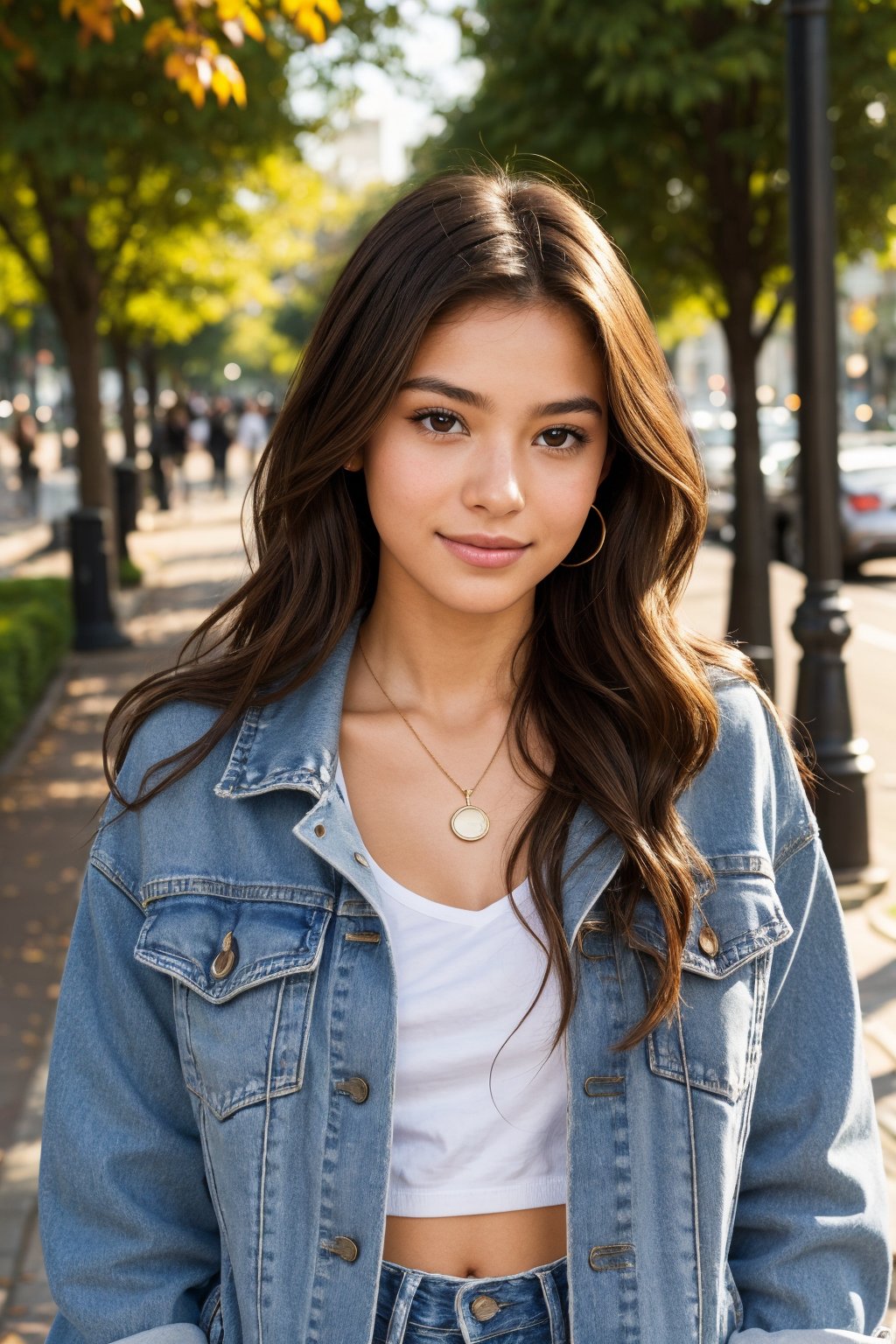 A teenage girl standing confidently in a vibrant setting. gentle smile, She has long, wavy chestnut-brown hair that cascades over her shoulders, with a few strands gently framing her round face. Her skin is fair with a soft, natural glow. Her large, almond-shaped hazel eyes sparkle with curiosity, framed by thick, dark lashes. She has a delicate nose and a subtle smile with full lips that show a hint of warmth. She’s wearing a trendy, oversized denim jacket over a simple white t-shirt, paired with high-waisted, ripped jeans and white sneakers. Her hands are in her jacket pockets, and she has a small pendant necklace resting on her collarbone. The setting around her feels modern and colorful, with city lights in the background or maybe a lively urban park, making her stand out in a vibrant yet relaxed scene.