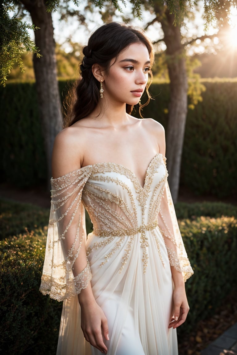 A stunning young woman strikes a pose against a warm, golden backdrop, her flowing dress adorned with intricate lace and delicate beading. Soft, gentle folds of fabric fall around her like a whisper, as she gazes wistfully into the distance. Warm lighting casts a flattering glow on her features, capturing the essence of a dreamy, ethereal beauty. Framed by lush greenery or a subtle gradient, this captivating scene is reminiscent of high-fashion photography.