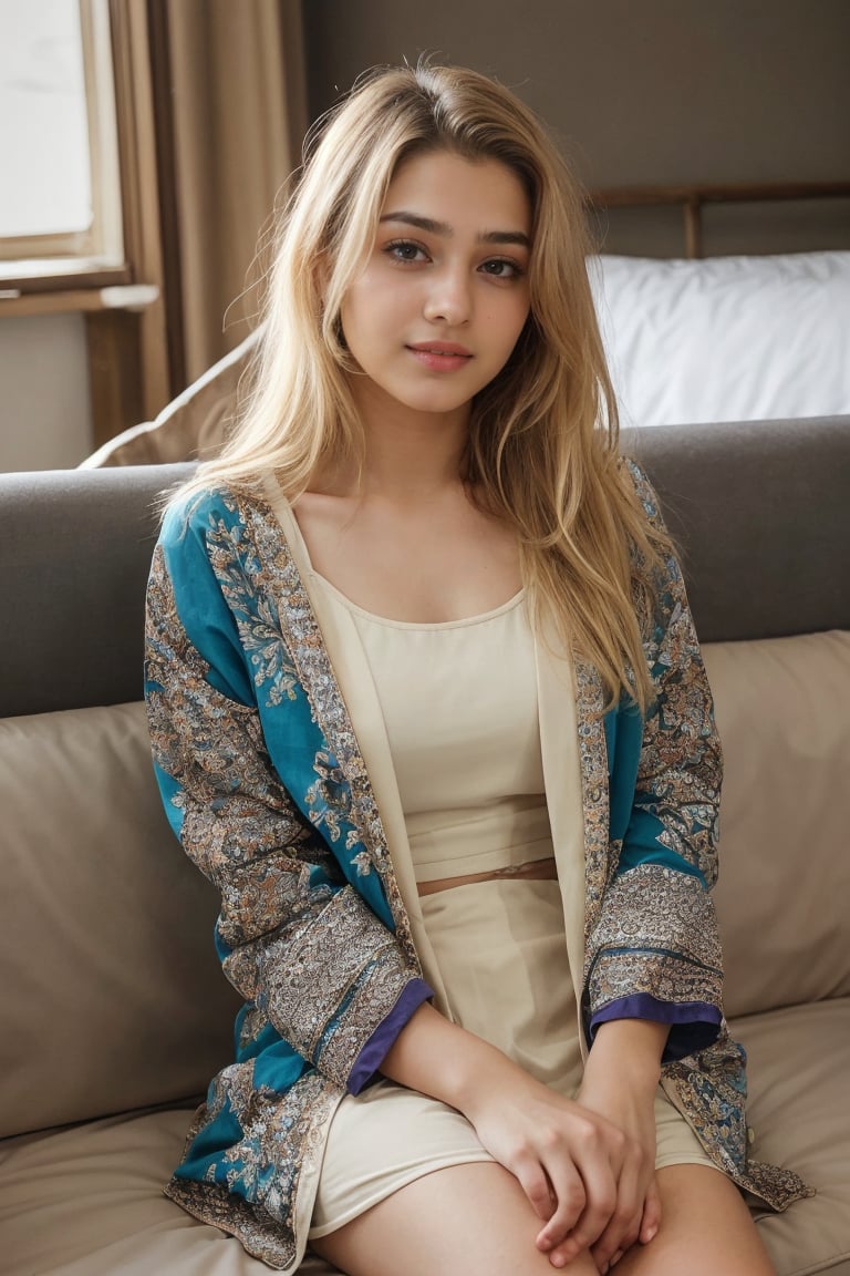 beautiful cute young attractive indian teenage girl, village girl, 18 years old, cute, Instagram model, medium blonde hair_hair, colorful hair, warm, dacing, in home sit at sofa, wearing athenic outfit, casual outfit for women