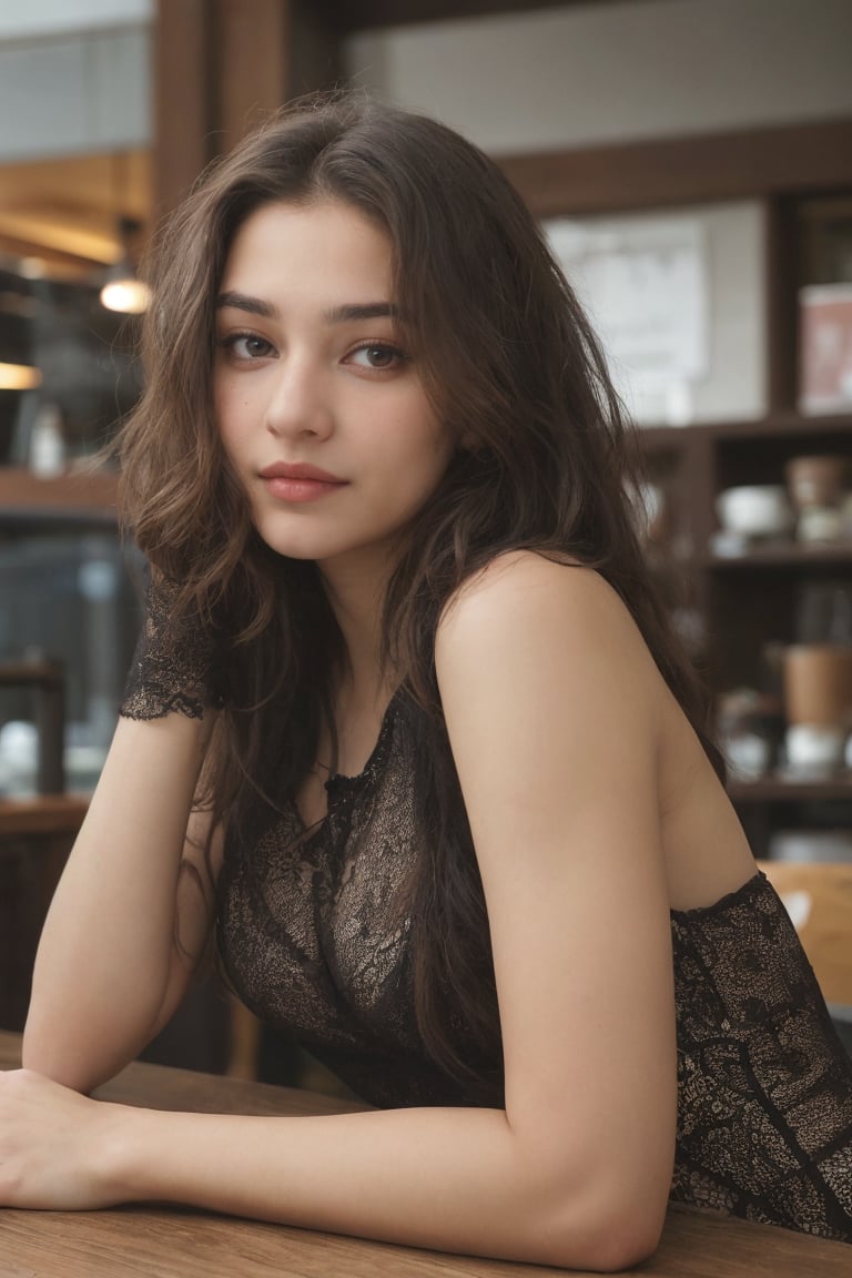 : beautiful 18-year-old student girl with alluring brown eyes and wavy hairs at coffee shop, cute pose, super model, cinematic shot in the style of denis villeneuve, (looking at viewer), masterpiece