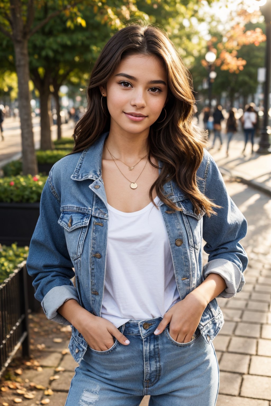 A teenage girl standing confidently in a vibrant setting. gentle smile, She has long, wavy chestnut-brown hair that cascades over her shoulders, with a few strands gently framing her round face. Her skin is fair with a soft, natural glow. Her large, almond-shaped hazel eyes sparkle with curiosity, framed by thick, dark lashes. She has a delicate nose and a subtle smile with full lips that show a hint of warmth. She’s wearing a trendy, oversized denim jacket over a simple white t-shirt, paired with high-waisted, ripped jeans and white sneakers. Her hands are in her jacket pockets, and she has a small pendant necklace resting on her collarbone. The setting around her feels modern and colorful, with city lights in the background or maybe a lively urban park, making her stand out in a vibrant yet relaxed scene.