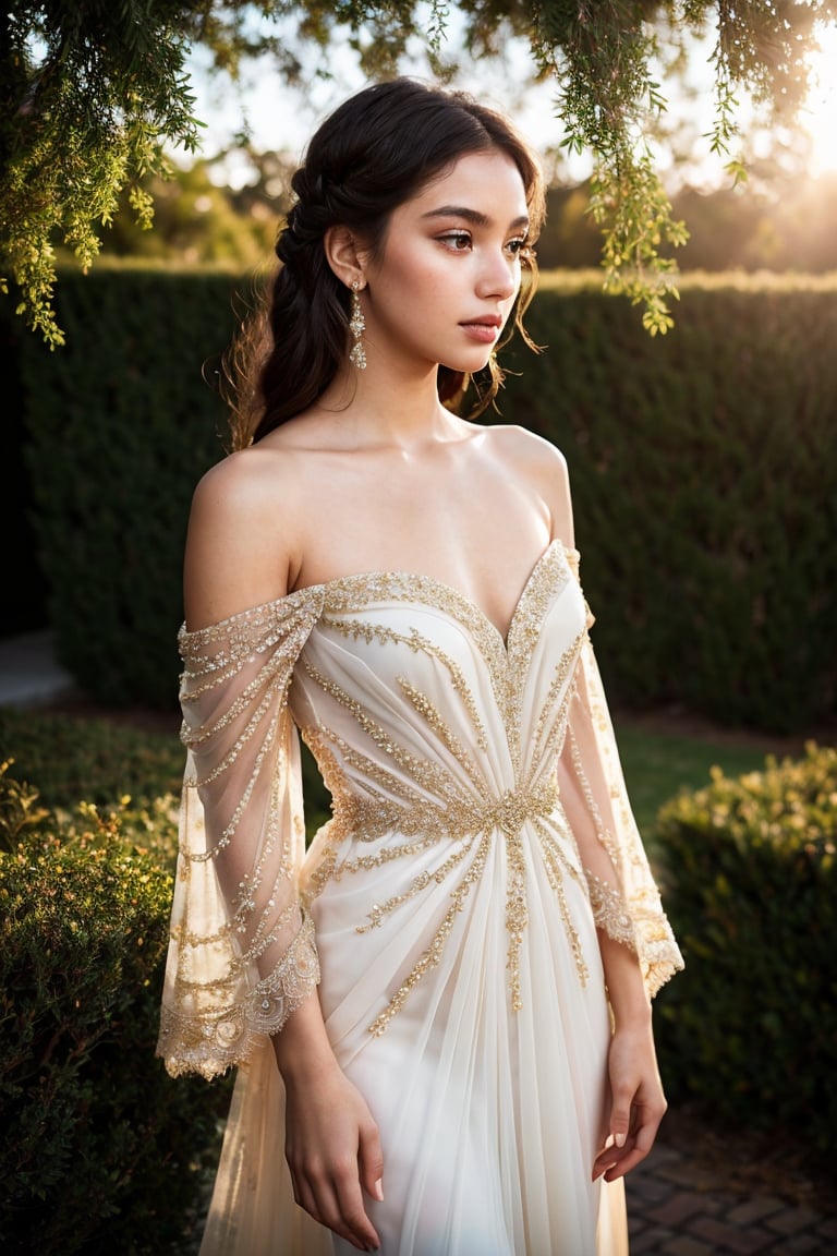 A stunning  beautiful young woman strikes a pose against a warm, golden backdrop, her flowing dress adorned with intricate lace and delicate beading. Soft, gentle folds of fabric fall around her like a whisper, as she gazes wistfully into the distance. Warm lighting casts a flattering glow on her features, capturing the essence of a dreamy, ethereal beauty. Framed by lush greenery or a subtle gradient, this captivating scene is reminiscent of high-fashion photography.