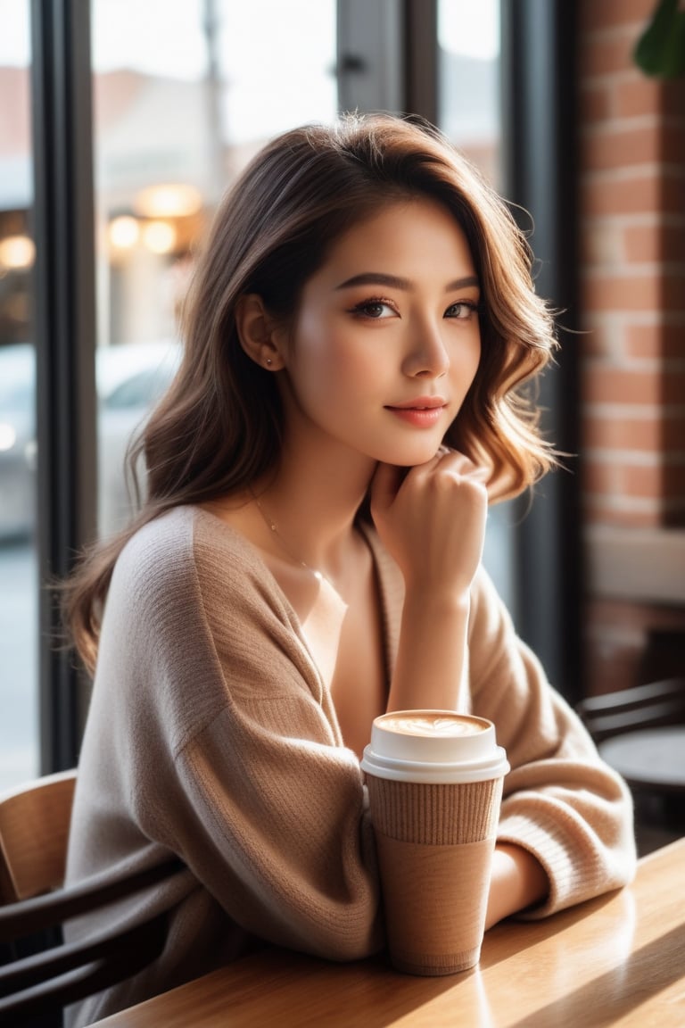 Realistic photograph, Movie light, film grain, 4K, Best quality, 20y.o girl, aAn Instagram-worthy shot of a stunning influencer seated in a cozy, stylish café. The photo is a half-body close-up, capturing the warmth and intimate vibe of the setting. She sits by a wooden table, delicately holding a cup of coffee or latte art, with a relaxed, graceful posture.

Her outfit is chic yet casual, perhaps a soft knit sweater or a trendy top, paired with subtle accessories that add a touch of elegance. Her makeup is flawless, with a natural glow that complements her radiant skin, while her hair falls effortlessly around her shoulders. Behind her, the café’s ambiance is visible—warm lighting, potted plants, and exposed brick walls, creating a cozy and inviting atmosphere.

The soft, natural light filters through the café’s windows, casting a gentle glow on her face, highlighting her features perfectly. Her expression is serene and friendly, as if she's in the middle of enjoying her drink or sharing a moment with her followers, making this the perfect IG moment.