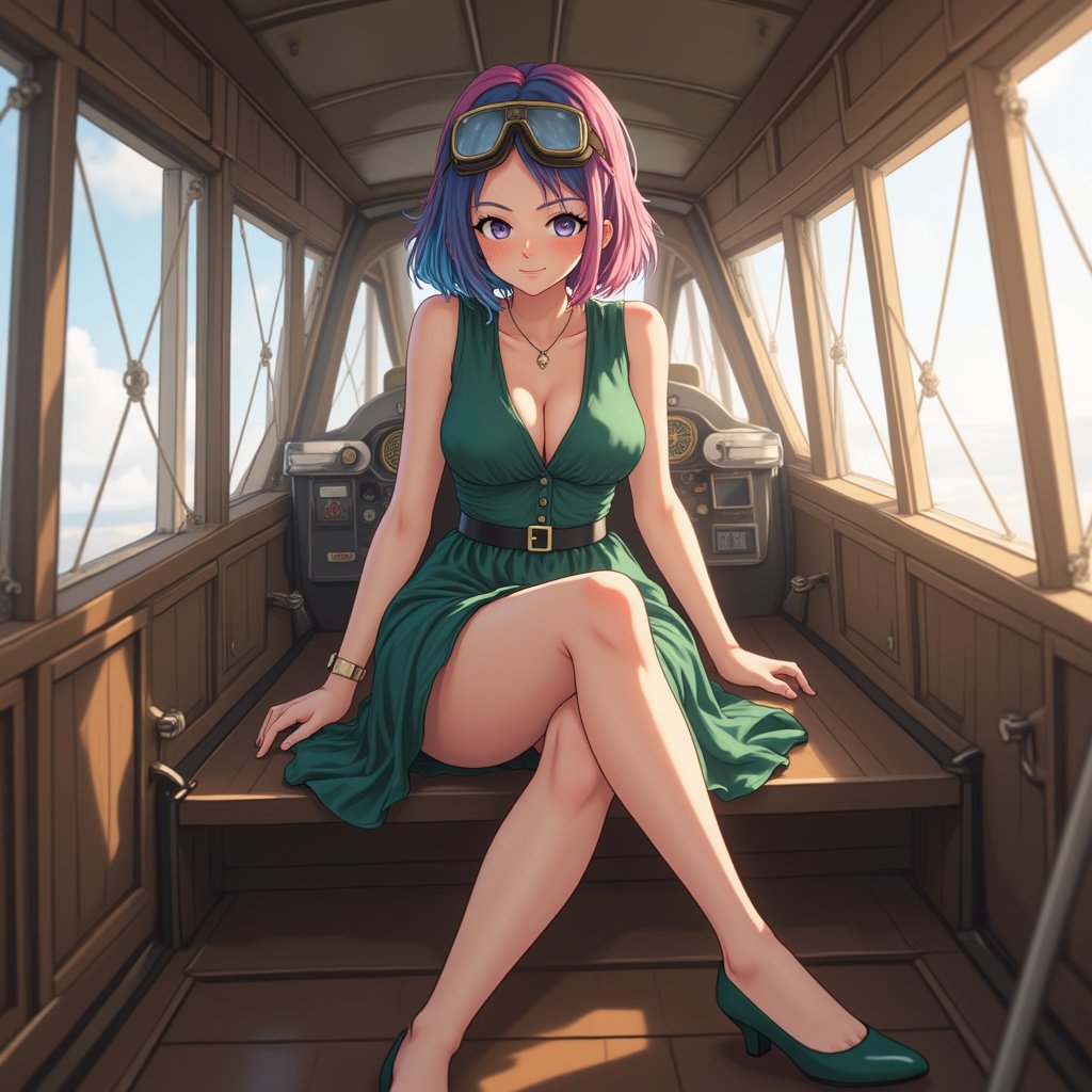 Imagine a 24-year-old anime girl with medium-length hair styled in a chic cut, featuring a vivid blue on one side and a soft pink on the other. She wears a stylish green dress paired with matching green shoes. Atop her head, she sports vintage aviator goggles, reminiscent of those worn by pilots in the early 20th century.

She’s seated inside a World War I-era airplane, the cockpit filled with wooden panels and vintage instrumentation. The atmosphere is dynamic, with the airplane's windows showing a glimpse of the sky outside. Her expression is a mix of excitement and determination, capturing the spirit of adventure and nostalgia as she prepares for takeoff. The combination of her fashionable attire and the historical aircraft creates a captivating scene that merges modern style with vintage aviation history.