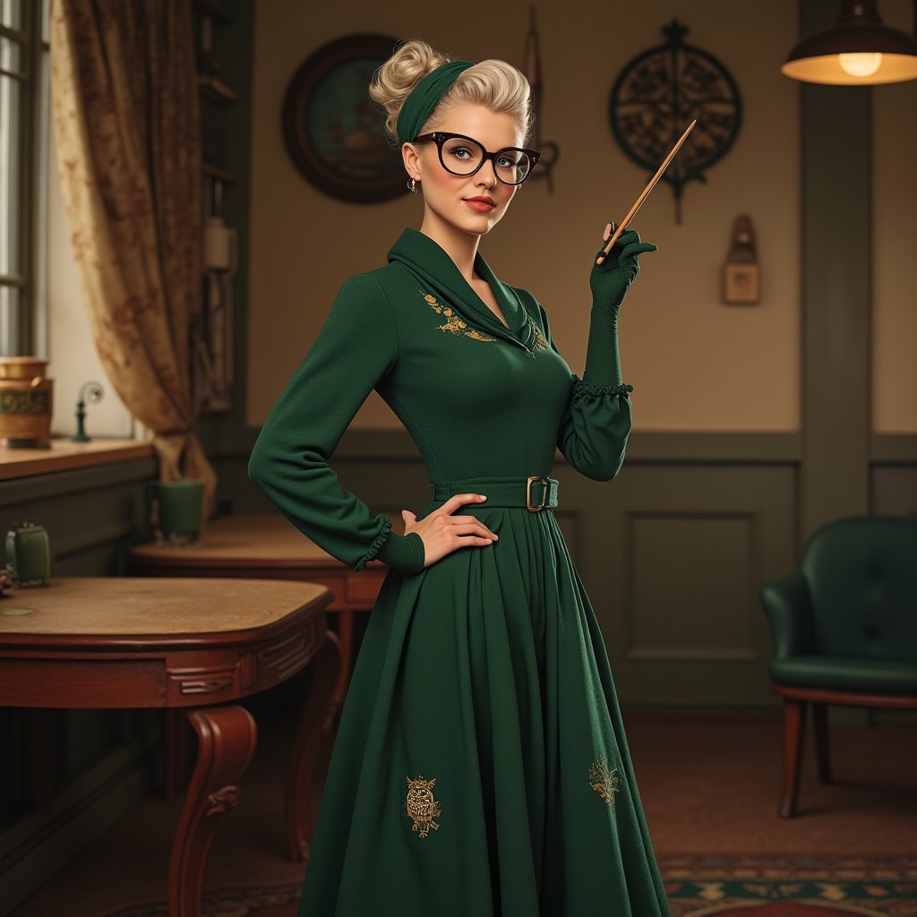 Minerva McGonagall, reimagined in a retro 1950s style, stands tall with her signature stern expression. She wears a vintage, tea-length dress with a fitted bodice and flared skirt, paired with classic cat-eye glasses. Her hair, styled in elegant waves reminiscent of the era, is pinned up with a chic, emerald-green headscarf to match her signature color. The dress is adorned with subtle, magical motifs, such as tiny embroidered owls and broomsticks. Behind her, the setting resembles a mid-century Hogwarts common room, with retro furniture and magical artifacts blending the wizarding world with a classic 50s aesthetic. She holds a wand gracefully, exuding wisdom and charm, while maintaining her no-nonsense attitude.,xrottx-retro-stryle,retro style