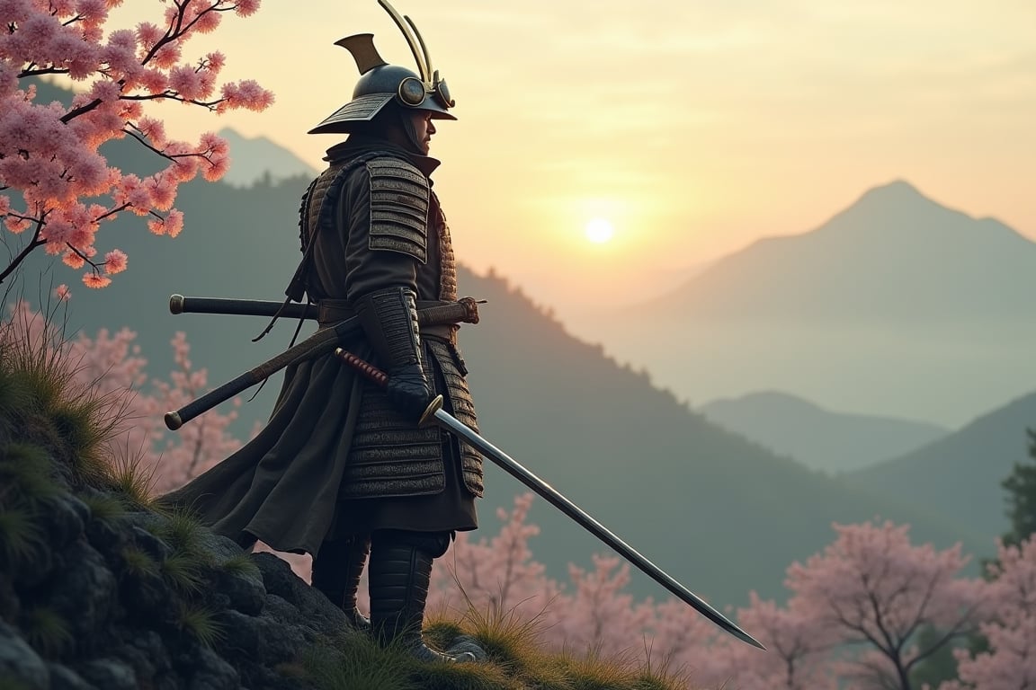 Imagine a powerful samurai standing on a misty hill at dawn, illuminated by the first rays of sunlight breaking through the clouds. He wears traditional, weathered armor, with intricate patterns etched into the plates, and his katana is drawn, reflecting the soft golden light. The samurai’s posture is calm yet ready for battle, exuding a quiet intensity. Behind him, cherry blossoms drift in the wind, their soft pink petals contrasting with the dark, rugged landscape. Distant mountains loom in the background, half-shrouded in mist, giving the scene a sense of vastness and mystery.

This wallpaper captures the spirit of honor, discipline, and strength, blending the serenity of nature with the fierce readiness of the warrior. The color palette is muted, with deep grays, greens, and browns in the landscape, while the samurai and cherry blossoms stand out in rich tones of steel and pink, giving the image a balance of tranquility and power.