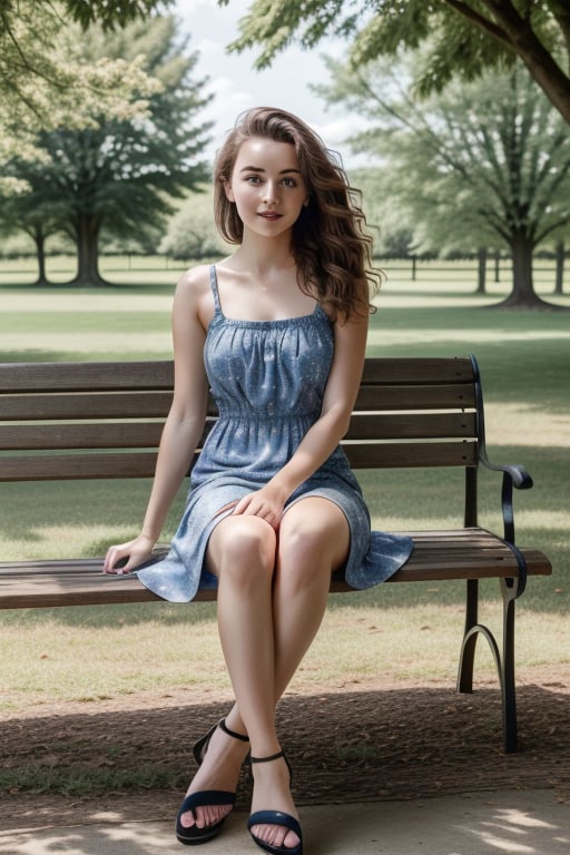 Realistic photograph of a beautiful young British woman , sitting on a bench in a park, small summer dress with flower pattern, brown hair, sandals, wavy hair, blue eyes, full lips,1GIRL,Age_Slider