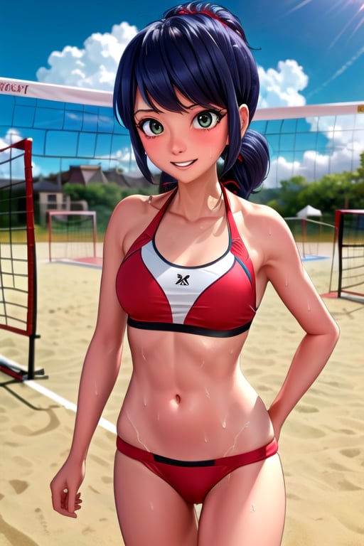 Beach volleyball court, after a game of beach volleyball, sweating, bikini, Ladybug, athletic, fit, petite 