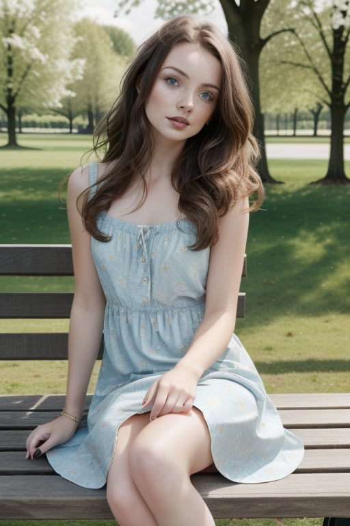 Realistic photograph of a beautiful young British woman , sitting on a bench in a park, small summer dress with flower pattern, brown hair, sandals, wavy hair, blue eyes, full lips,1GIRL