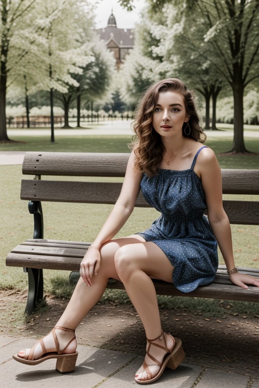 Realistic photograph of a beautiful young British woman , sitting on a bench in a park, small summer dress with flower pattern, brown hair, sandals, wavy hair, blue eyes, full lips,1GIRL