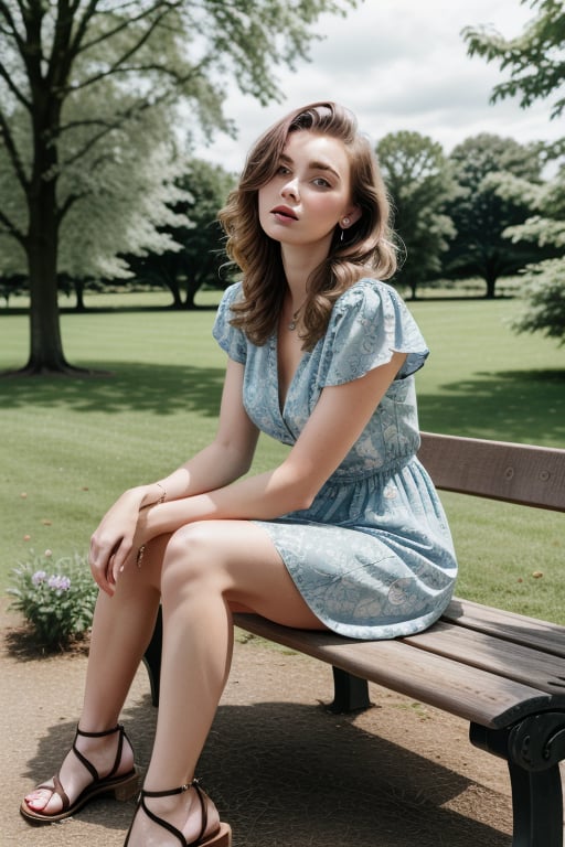 Realistic photograph of a beautiful young British woman , sitting on a bench in a park, small summer dress with flower pattern, brown hair, sandals, wavy hair, blue eyes, full lips,1GIRL