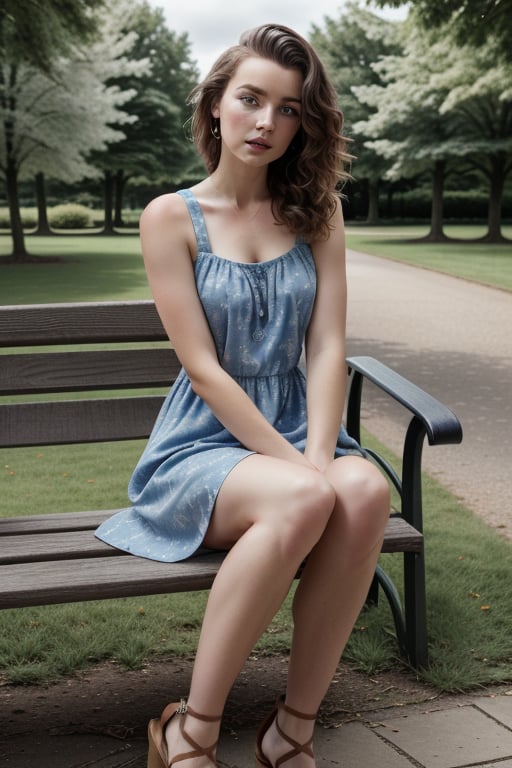 Realistic photograph of a beautiful young British woman , sitting on a bench in a park, small summer dress with flower pattern, brown hair, sandals, wavy hair, blue eyes, full lips,1GIRL