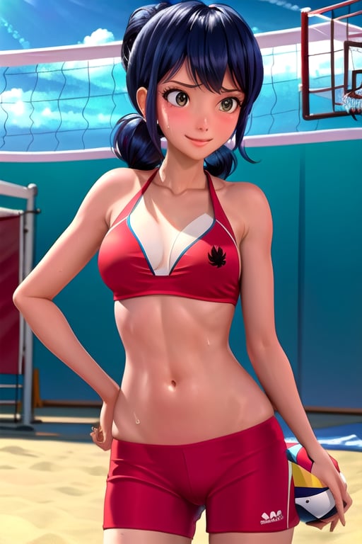 Beach volleyball court, after a game of beach volleyball, sweating, bikini, Ladybug, athletic, fit, petite 