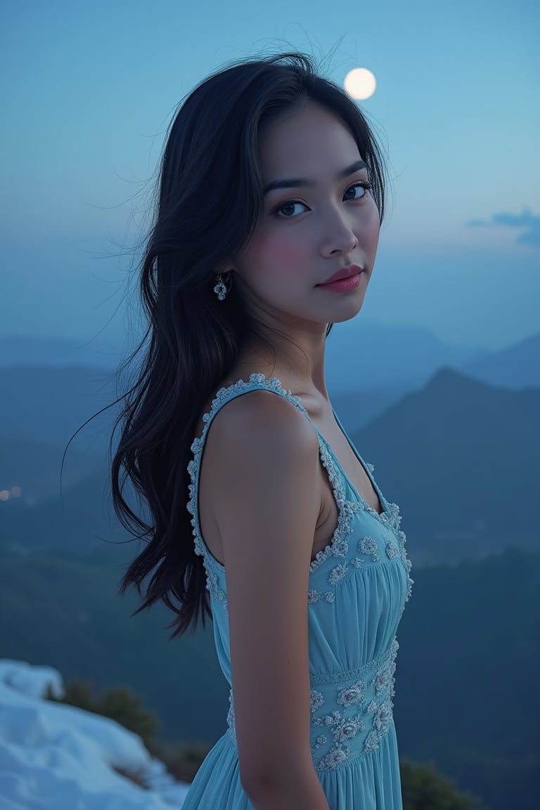 Here is the SD prompt:

A majestic 1girl stands majestically in a stunning full-body pose on the windswept peak of a majestic mountain under the soft glow of moonlight. Her slender yet toned physique is accentuated by her fitting figure and slim face, with sharp features and piercing blue eyes that seem to gaze directly into the viewer's soul. Her long black hair flows gently in the breeze as she dons a k-pop idols-inspired sundress that hugs her curves perfectly. The intricate details of her makeup, including a subtle smile, are accentuated by the ultra-high resolution 8K camera, capturing every nuance and texture with precision. The close-up shot reveals a masterpiece of facial features, with sharp lines defining her small lips and detailed expressions.