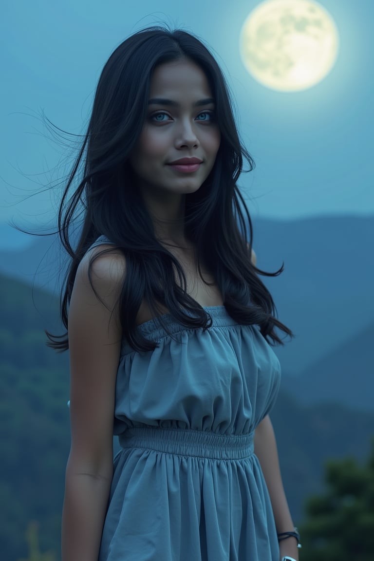 Here is the SD prompt:

A majestic 1girl stands majestically in a stunning full-body pose on the windswept peak of a majestic mountain under the soft glow of moonlight. Her slender yet toned physique is accentuated by her fitting figure and slim face, with sharp features and piercing blue eyes that seem to gaze directly into the viewer's soul. Her long black hair flows gently in the breeze as she dons a k-pop idols-inspired sundress that hugs her curves perfectly. The intricate details of her makeup, including a subtle smile, are accentuated by the ultra-high resolution 8K camera, capturing every nuance and texture with precision. The close-up shot reveals a masterpiece of facial features, with sharp lines defining her small lips and detailed expressions.