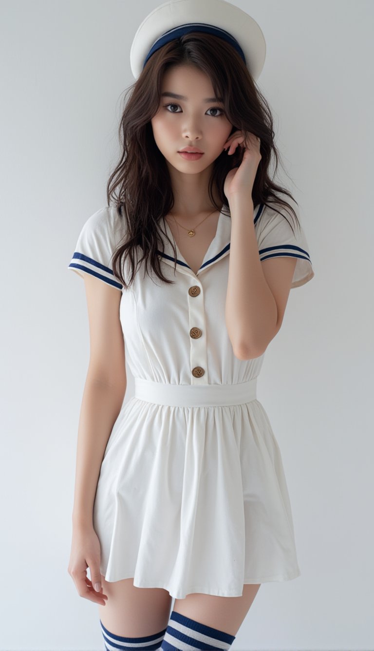 A sultry mermaid-like siren, her porcelain doll-like complexion aglow under softbox lighting on a crisp white background. Her luscious locks cascade down her back as she poses in a vintage-inspired sailor getup, complete with a crisp white dress and striped stockings, her human features a striking contrast to the nautical attire.