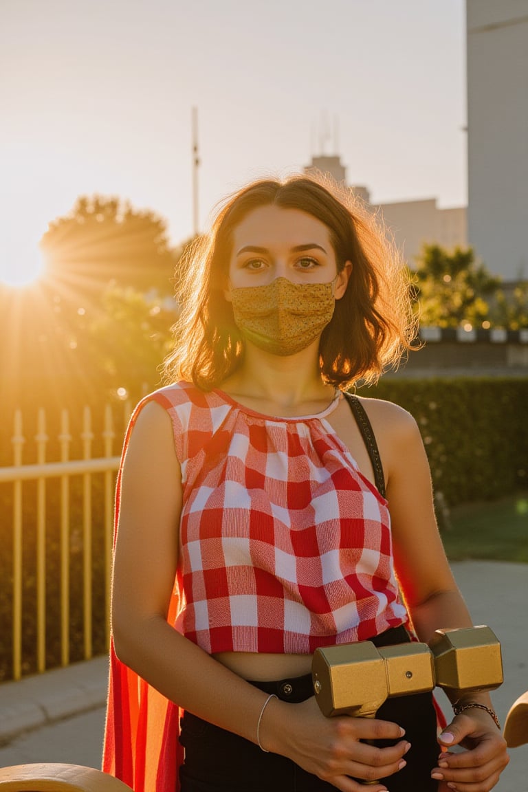 young woman, wearing a mask, holding a golden hammer, under the sun