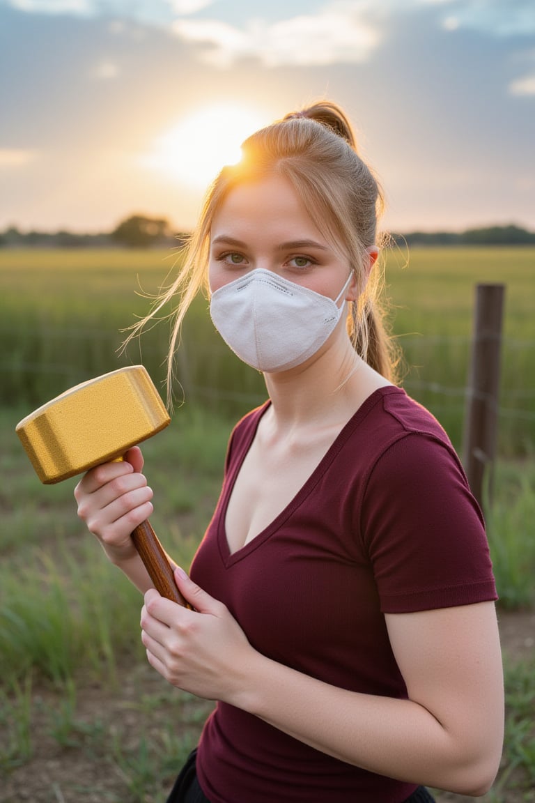 young woman, wearing a mask, holding a golden hammer, under the sun