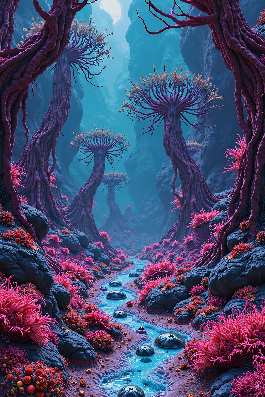 Mysterious landscape, vibrant (color) patterns, fractal-like foliage, DMT-inspired beings, (acción), complex textures, otherworldly structures, meeting with the (ser/entidad), vivid colors, hyperrealistic visuals, immersive DMT experience --v 5