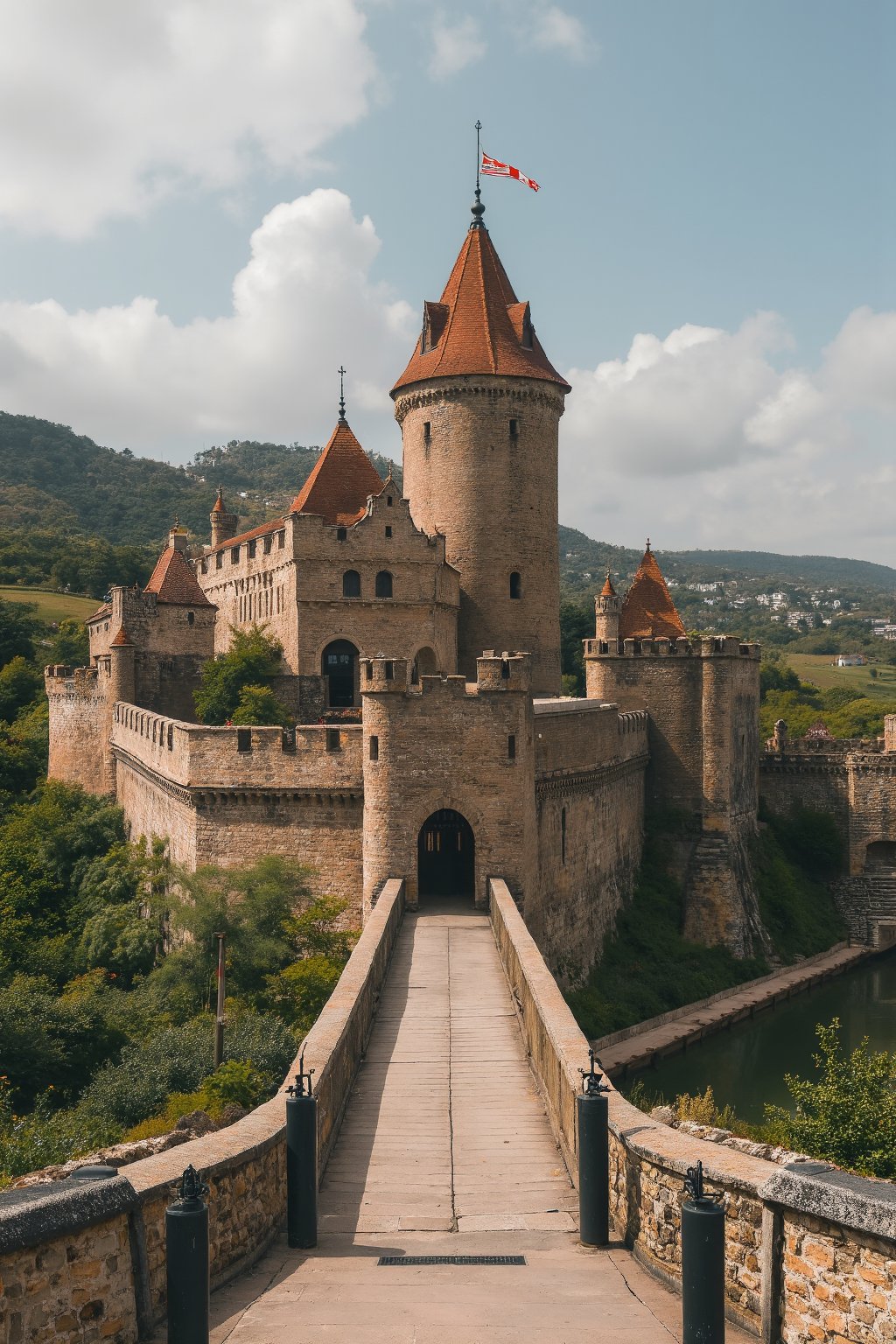 A medieval castle stands proudly on a hillside, its stone walls weathered to a warm beige. A moat surrounds the fortress, with a drawbridge lowered in anticipation of arrival. The main keep towers above, adorned with turrets and flags fluttering in the breeze. A winding path leads up to the entrance, flanked by a pair of imposing portcullises.,Cinematic_Enhancer_Style