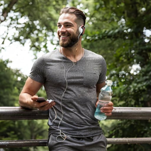 photo a man with short hair and a beard stands outdoors, smiling, while holding a smartphone in his right hand. He wears a gray T-shirt, gray shorts and white headphones plugged in. In his left hand he carries a turquoise stainless steel water bottle . The background shows a lush green park, and the atmosphere seems relaxed and calm, 4k, hd