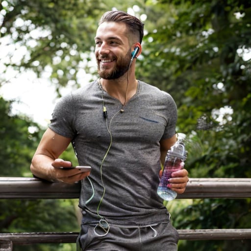 photo A man with short hair and a beard is standing outdoors, smiling, while holding a smartphone in his right hand. He is wearing a gray t-shirt and gray shorts, with white earphones plugged in. In his left hand, he holds a turquoise stainless steel water bottle (instead of the original plastic one). The background shows a lush green park, and the setting appears relaxed and peaceful, 4k, hd