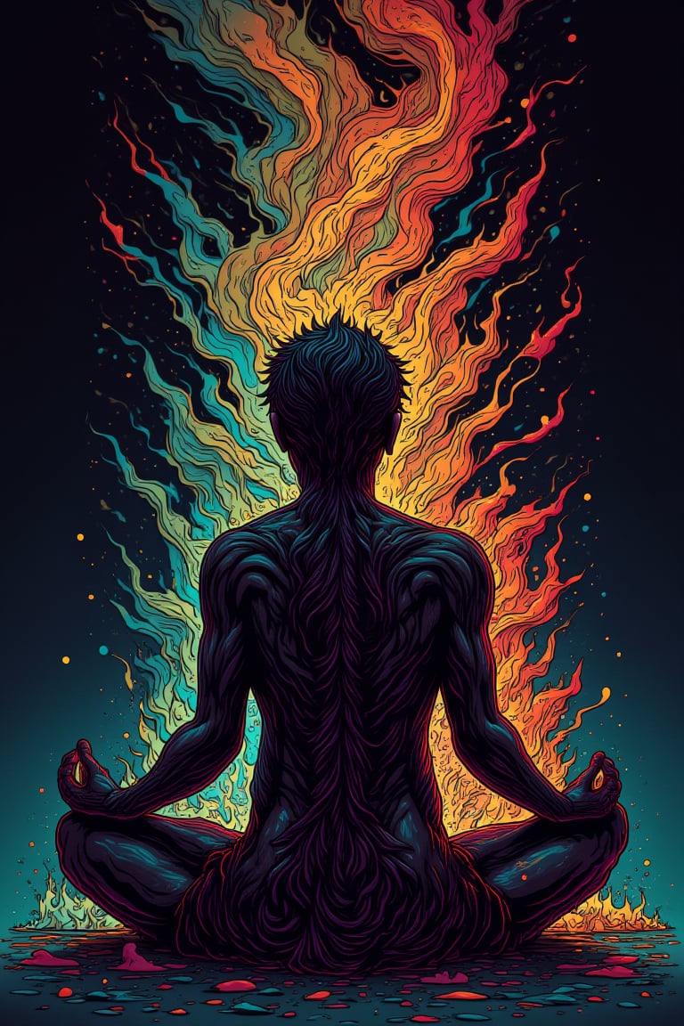 fluxtration, vector art, person, sitting, meditative, darkness ruin, bad energy, swirling energy from body, darkness, solo, simple background, digital art, hand drawn, hand painted, neatly drawn,