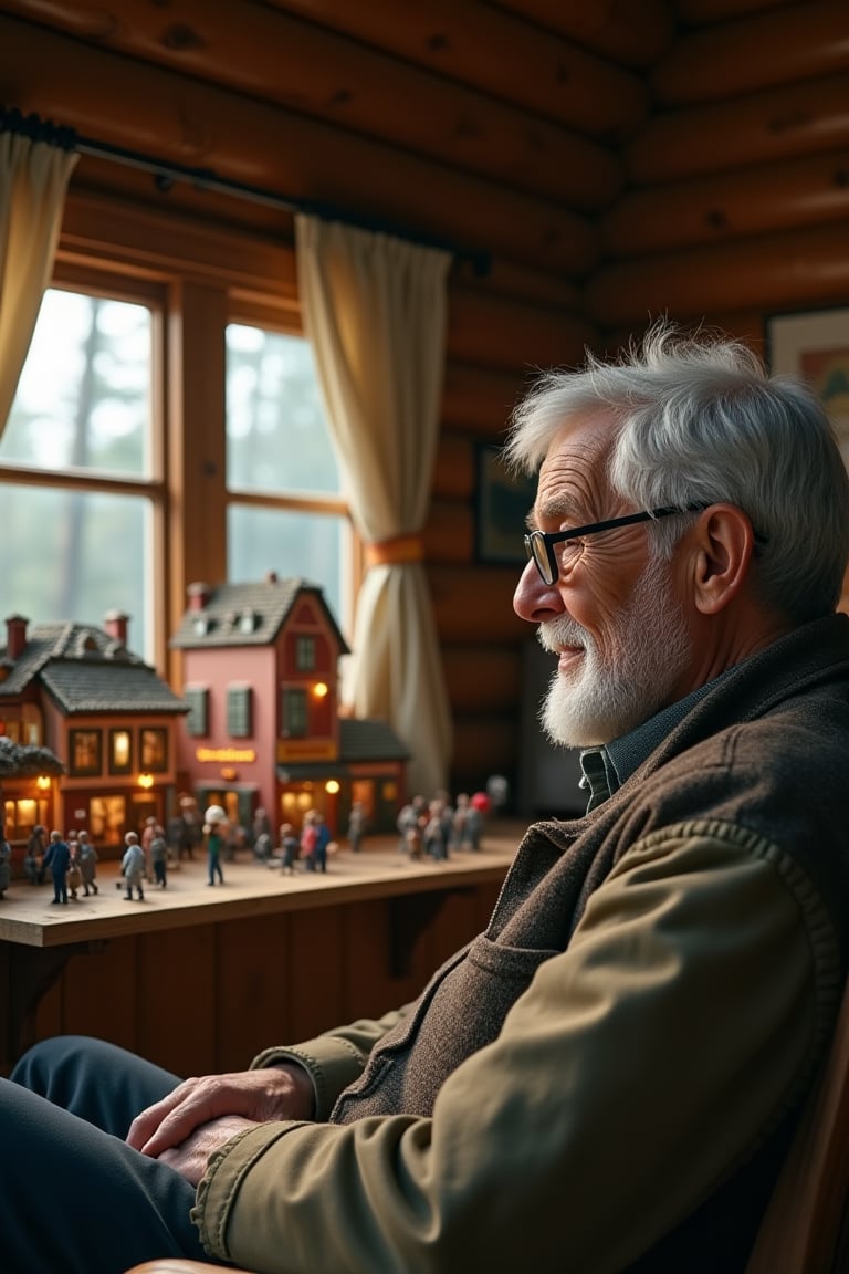 8K, high resolution, realistic, inside a small wooden cabin. An old man with gray-white hair sits on a wooden chair, wearing old, worn glasses. At his feet, a miniature thriving small town with various shops, bustling with people walking back and forth. The old man gazes at the town with gentle eyes, a slight smile on his lips. Soft, warm lighting illuminates the scene, capturing the serene and nostalgic atmosphere.